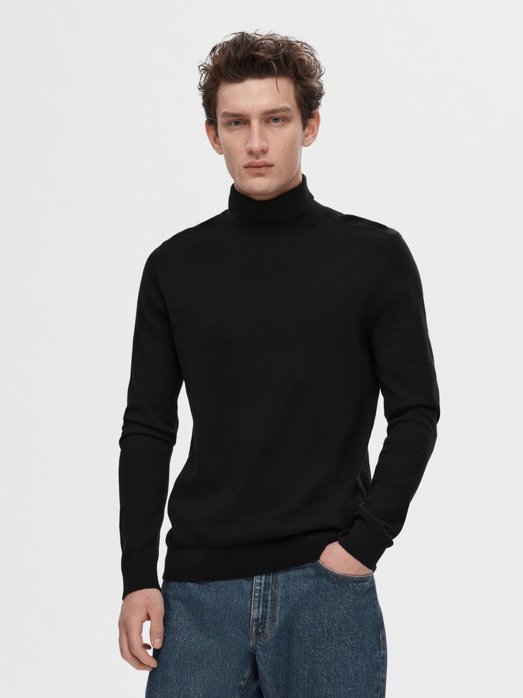 LONG-SLEEVED ROLL NECK PULLOVER, Black, highres