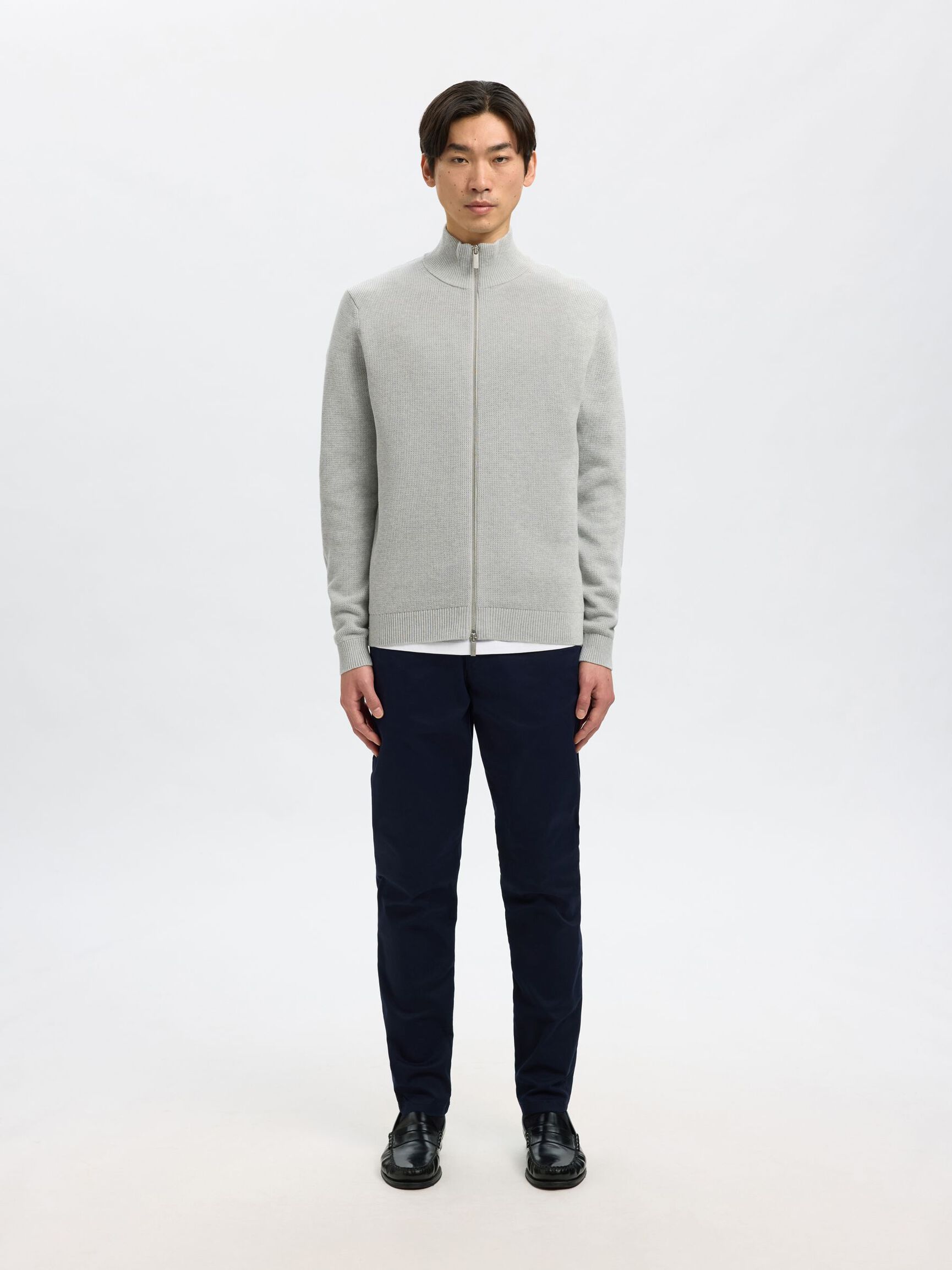 ZIPPED HIGH NECK KNITTED CARDIGAN, Light Grey Melange, highres
