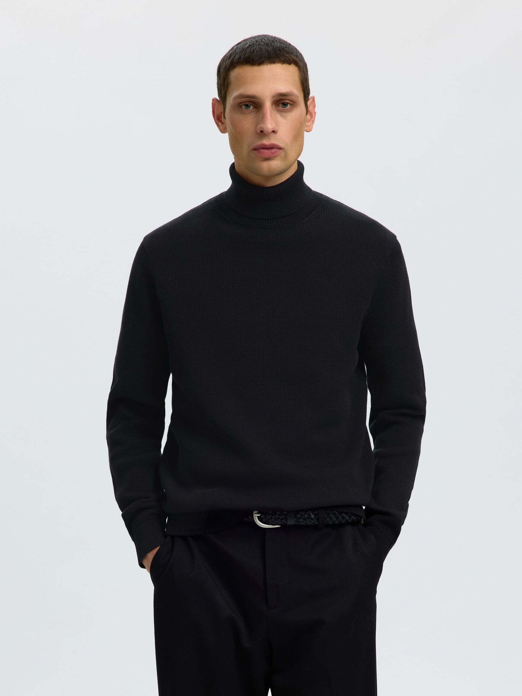 BAUMWOLL ROLLKRAGENPULLOVER, Black, highres