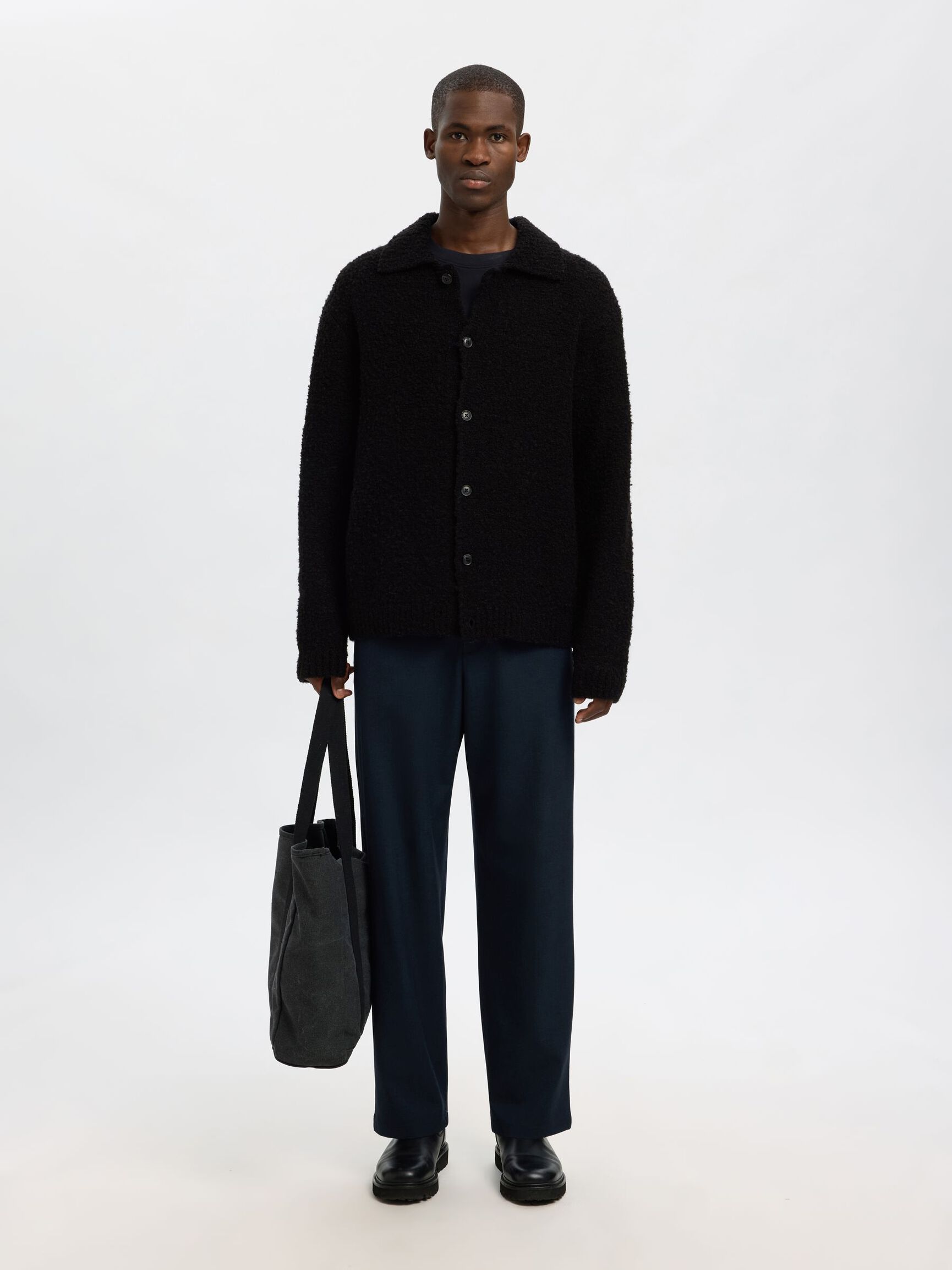 WOOL BLEND KNITTED CARDIGAN, Black, highres