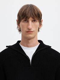 RIBBED ORGANIC COTTON HALF-ZIP JUMPER, Black, highres