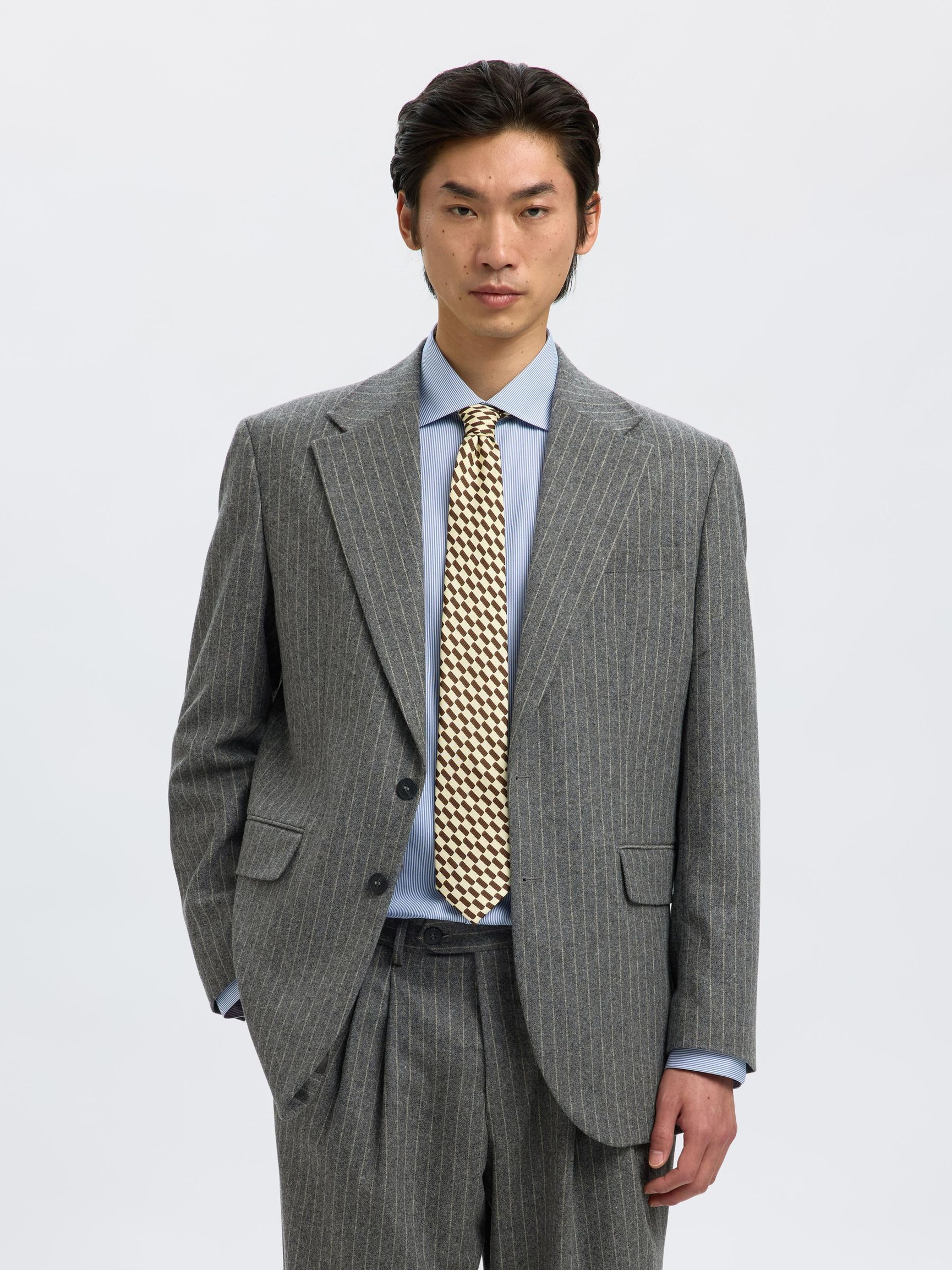 NÅLESTRIBET ENKELTRADET BLAZER, Medium Grey Melange, highres