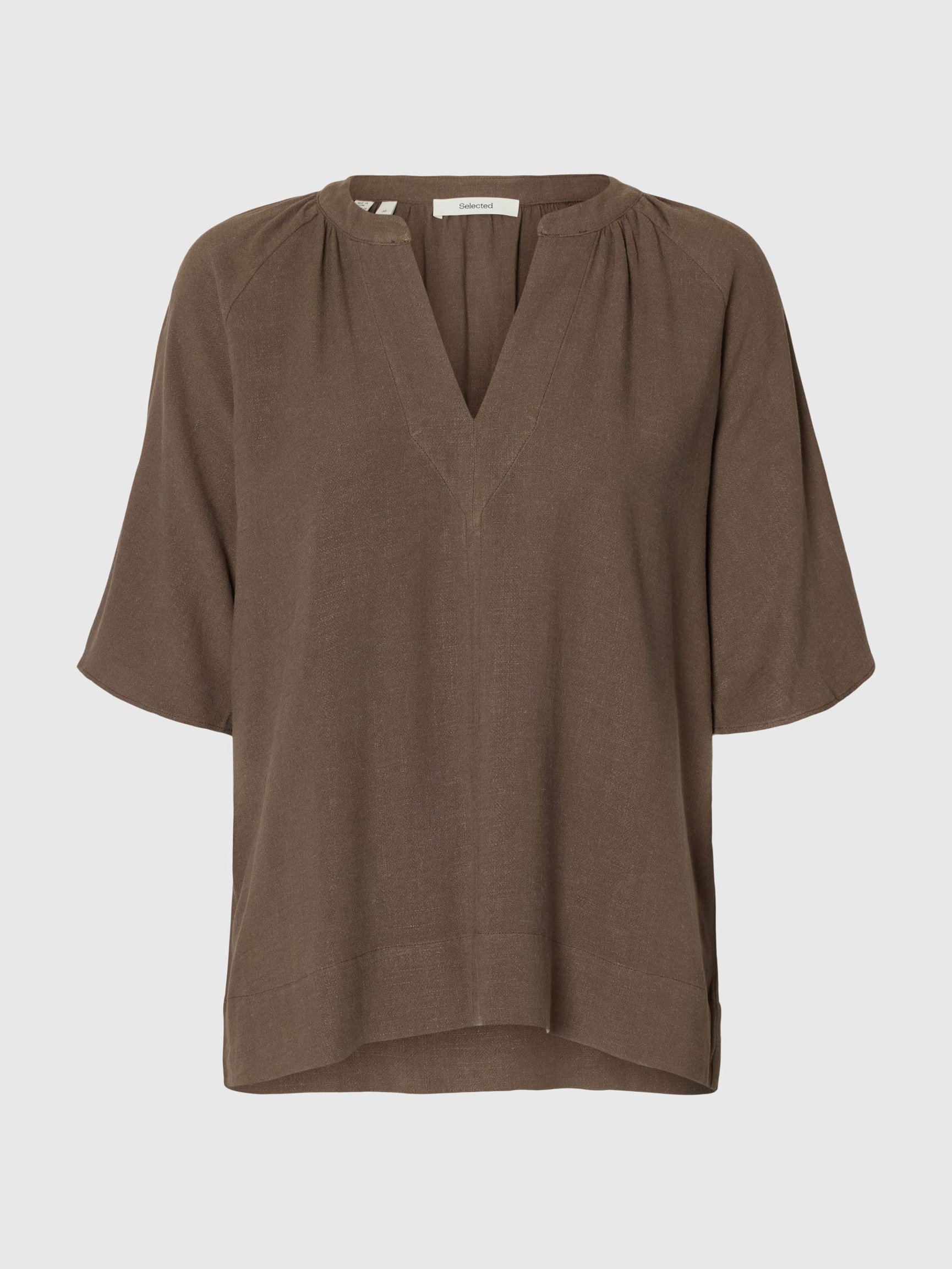 VISCOSE BLEND V-NECK BLOUSE, Chocolate Chip, highres