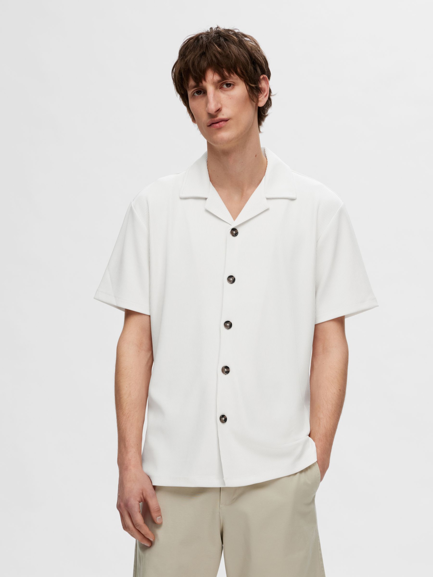 RIBBED CUBAN COLLAR SHORT SLEEVED SHIRT, Egret, highres