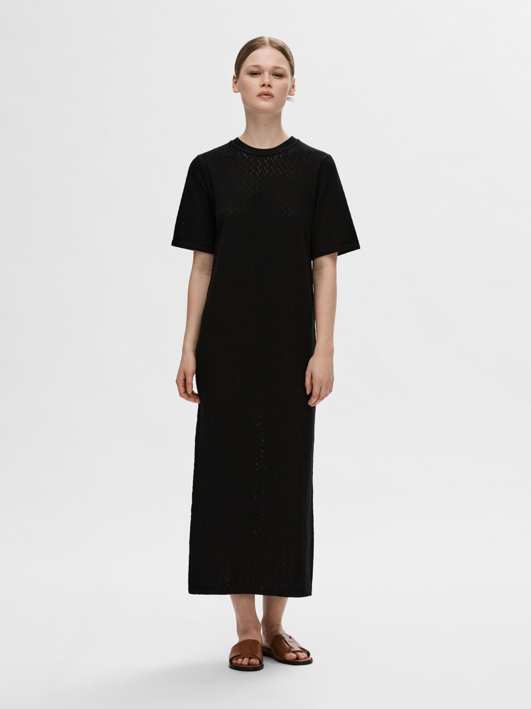 VISCOSE BLEND KNITTED MIDI DRESS, Black, highres