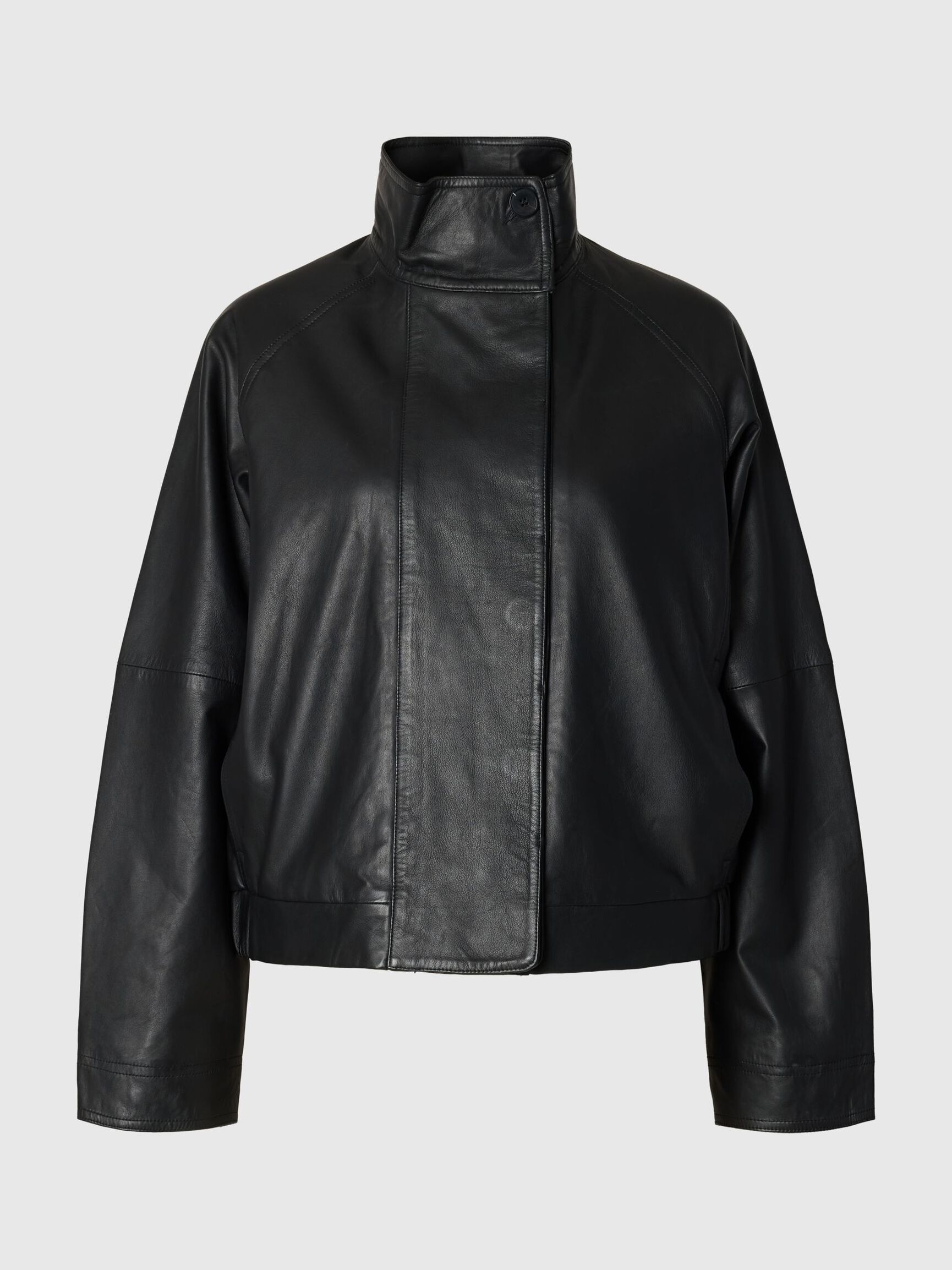 HIGH NECK LEATHER JACKET, Black, highres