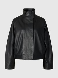 HIGH NECK LEATHER JACKET, Black, highres