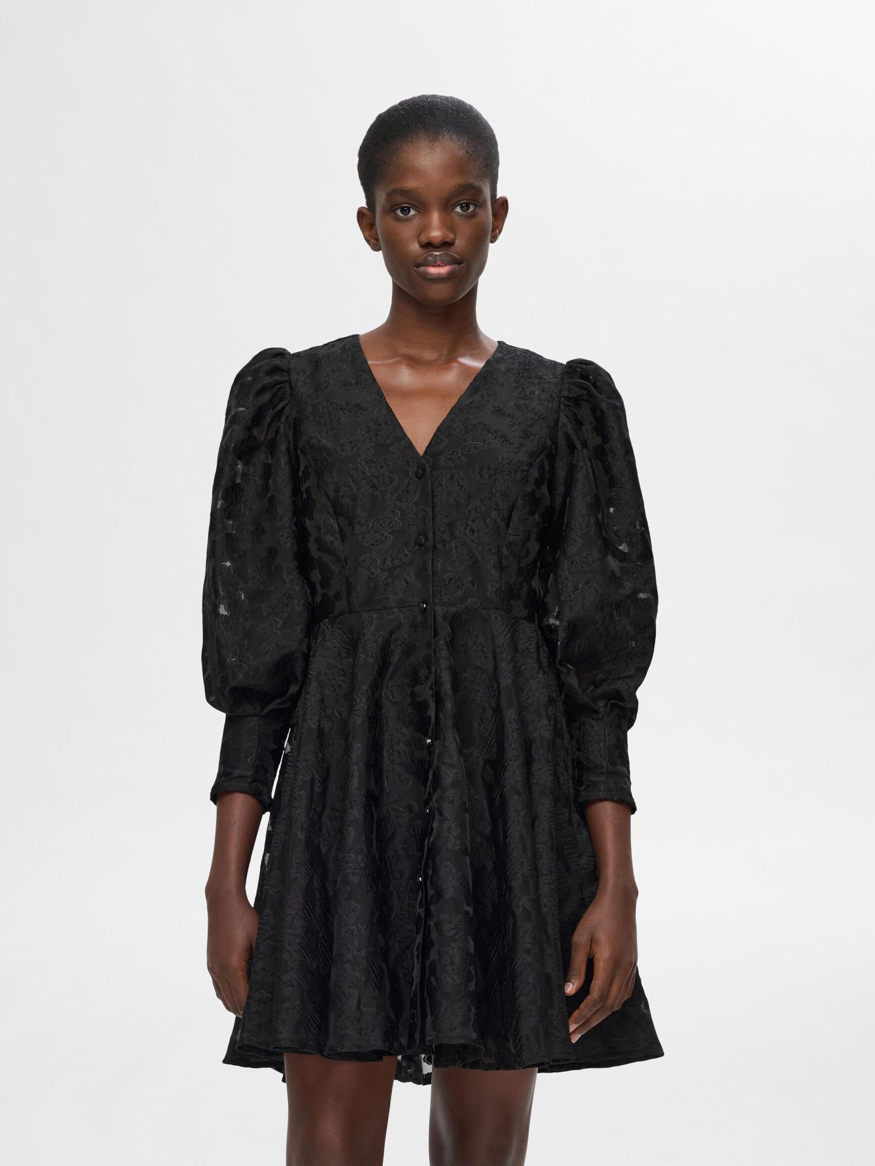 BLOMSTRETE KJOLE MED PUFFERMER, Black, highres