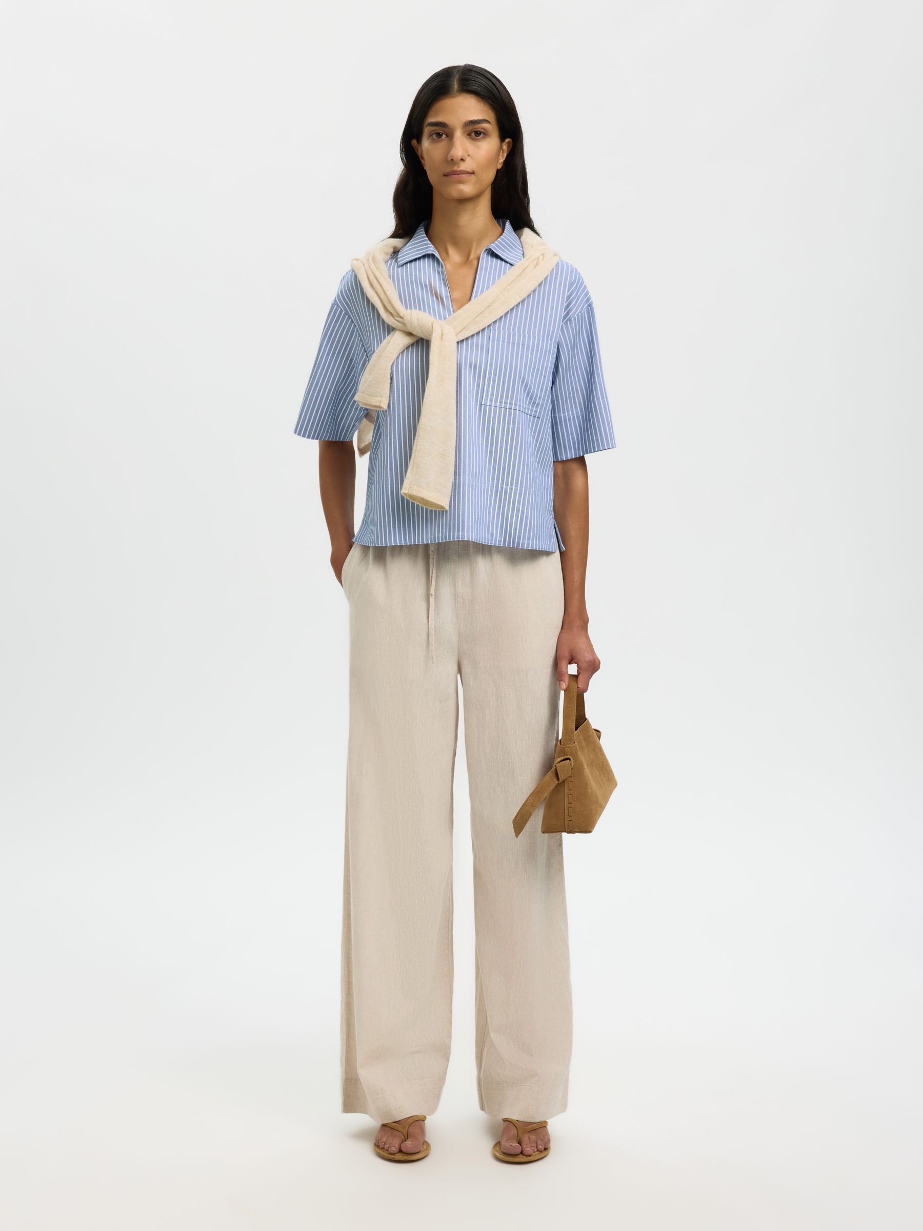 BOMULDSBLANDING BLUSE MED V-HALS, Dusty Blue, highres