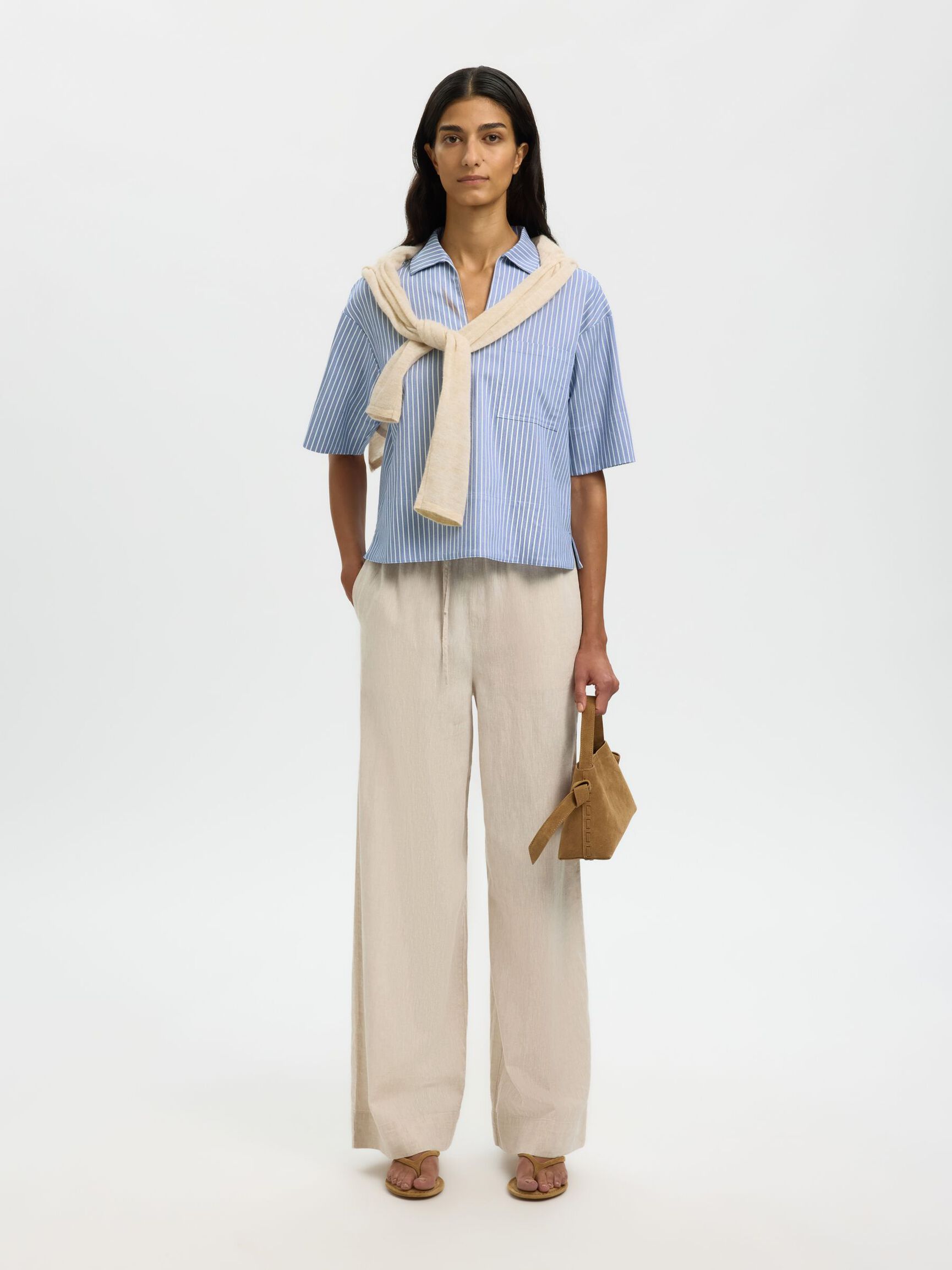 BOMULDSBLANDING BLUSE MED V-HALS, Dusty Blue, highres