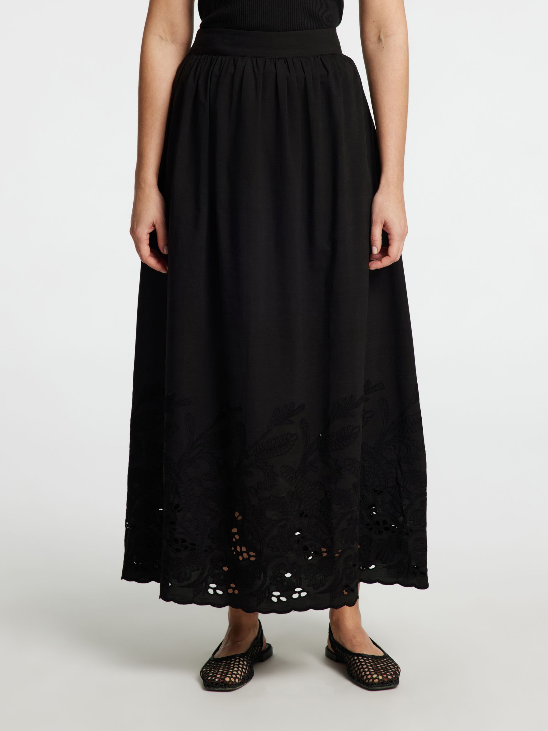 BRODERIE ANGLAISE MAXI SKIRT, Black, highres