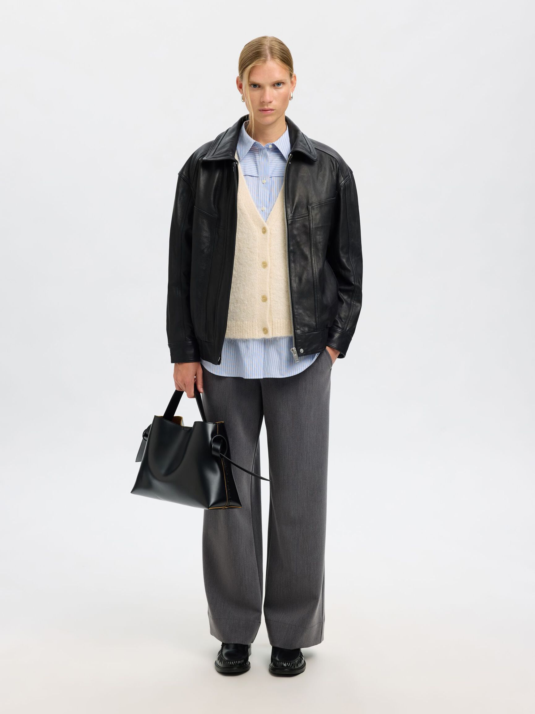 OVERSIZED LEATHER JACKET, Black, highres