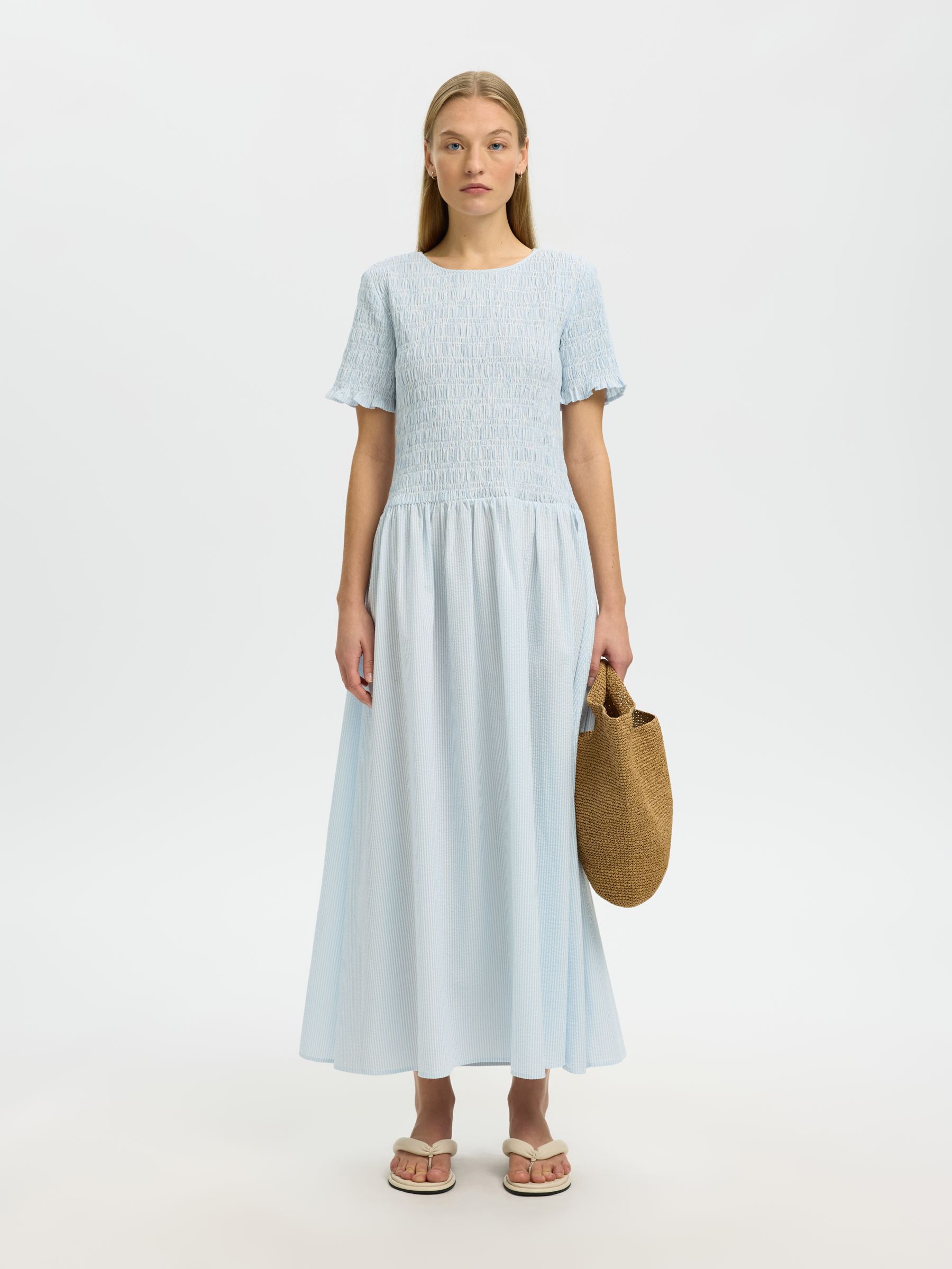 SEERSUCKER ROBE MI-LONGUE, Cashmere Blue, highres