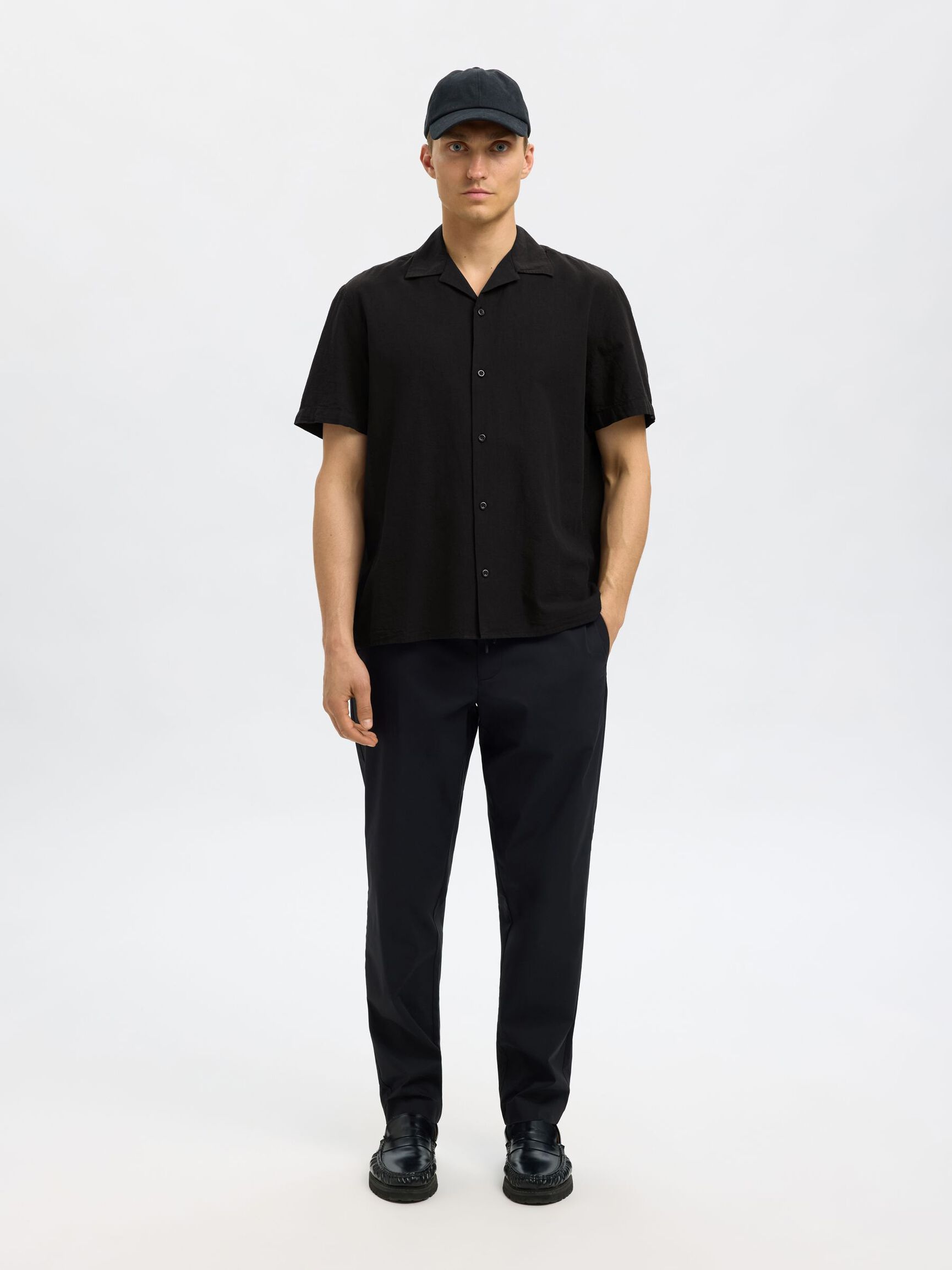 LINEN BLEND SHORT SLEEVED SHIRT, Black, highres