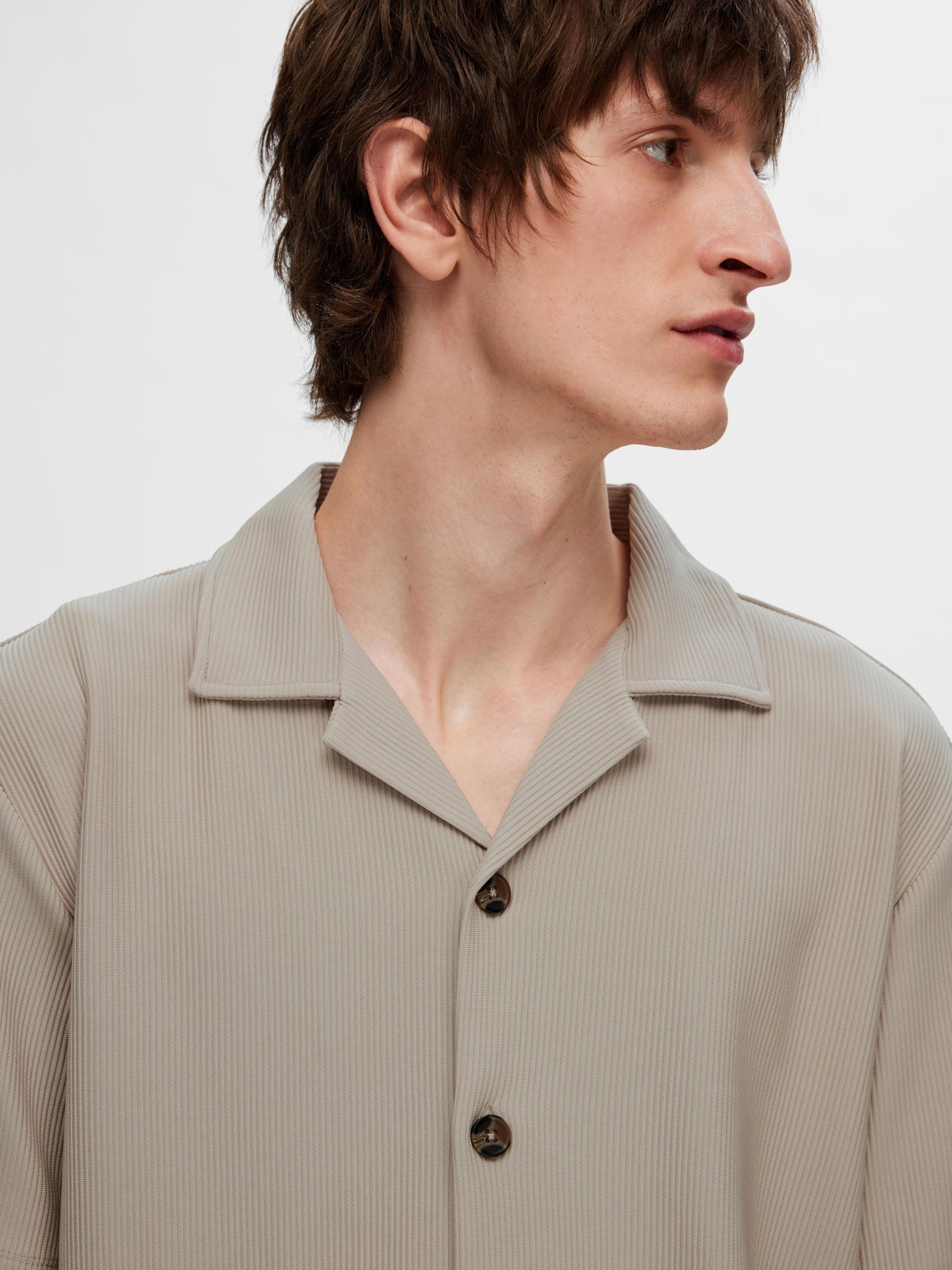 RIBBED CUBAN COLLAR SHORT SLEEVED SHIRT, Pure Cashmere, highres