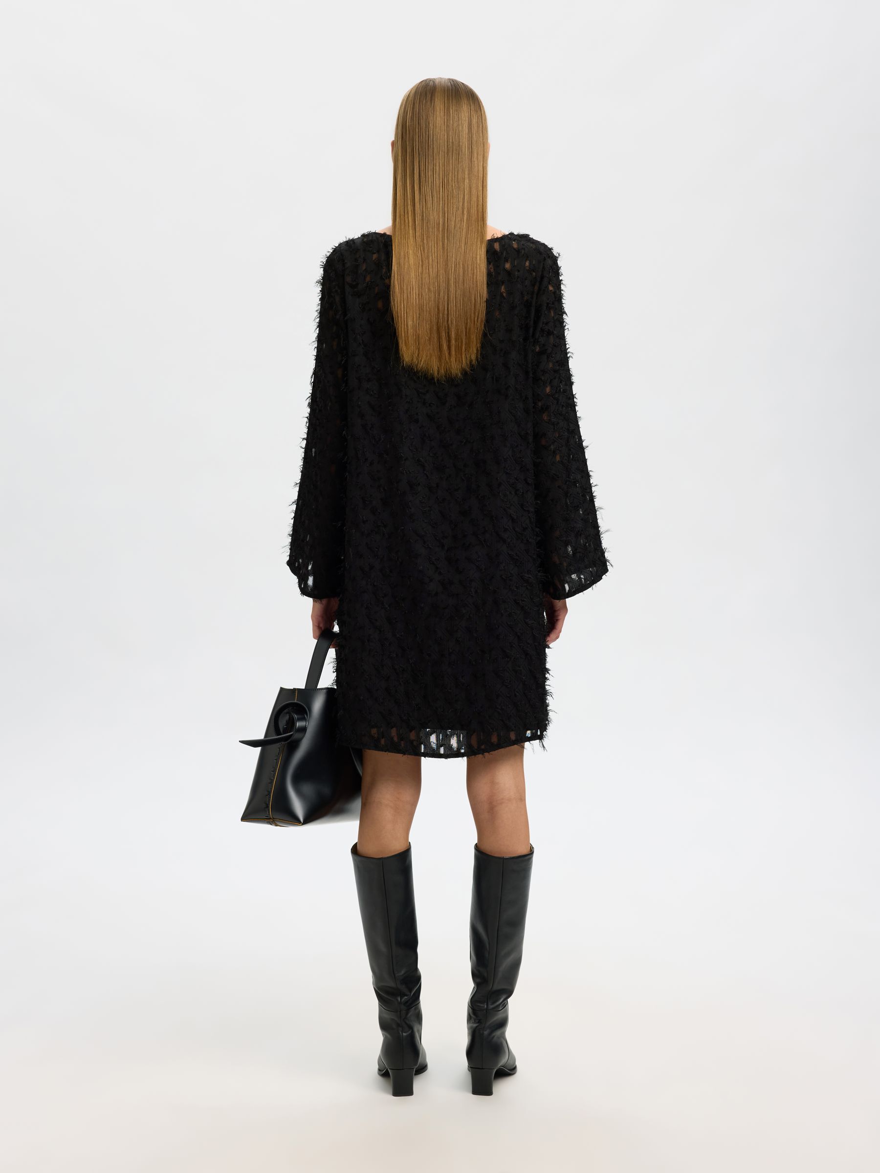 BOAT NECK JACQUARD MINI DRESS, Black, highres