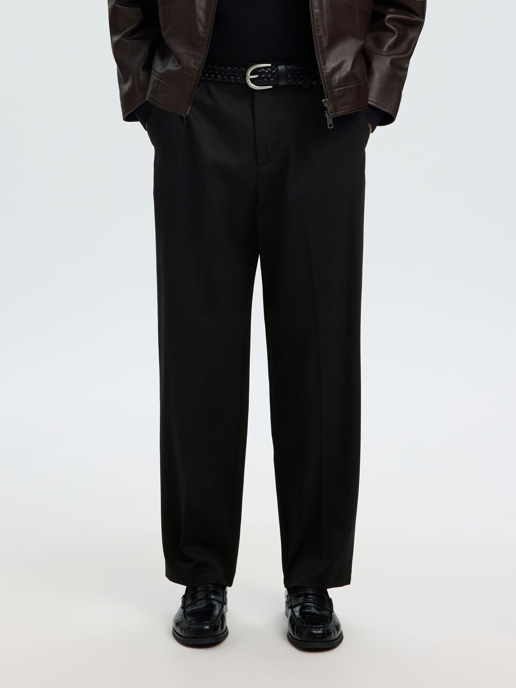 WOOL BLEND LOOSE-FIT TROUSERS, Black, highres