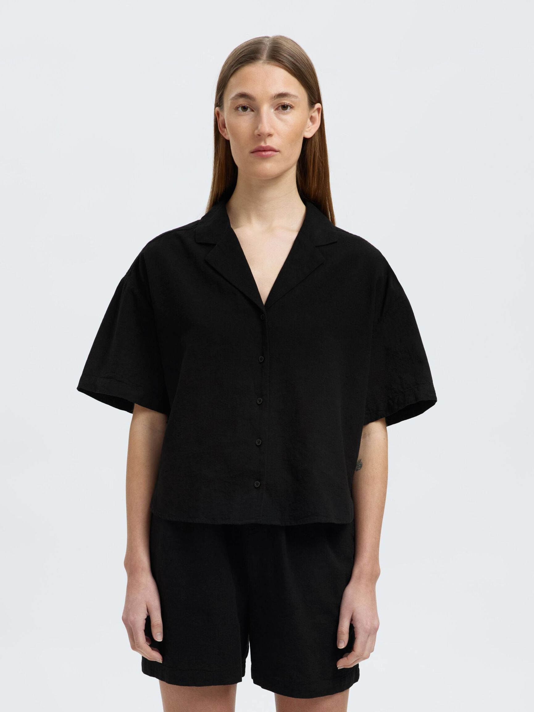 LINNENMIX OVERHEMD MET KORTE MOUWEN, Black, highres