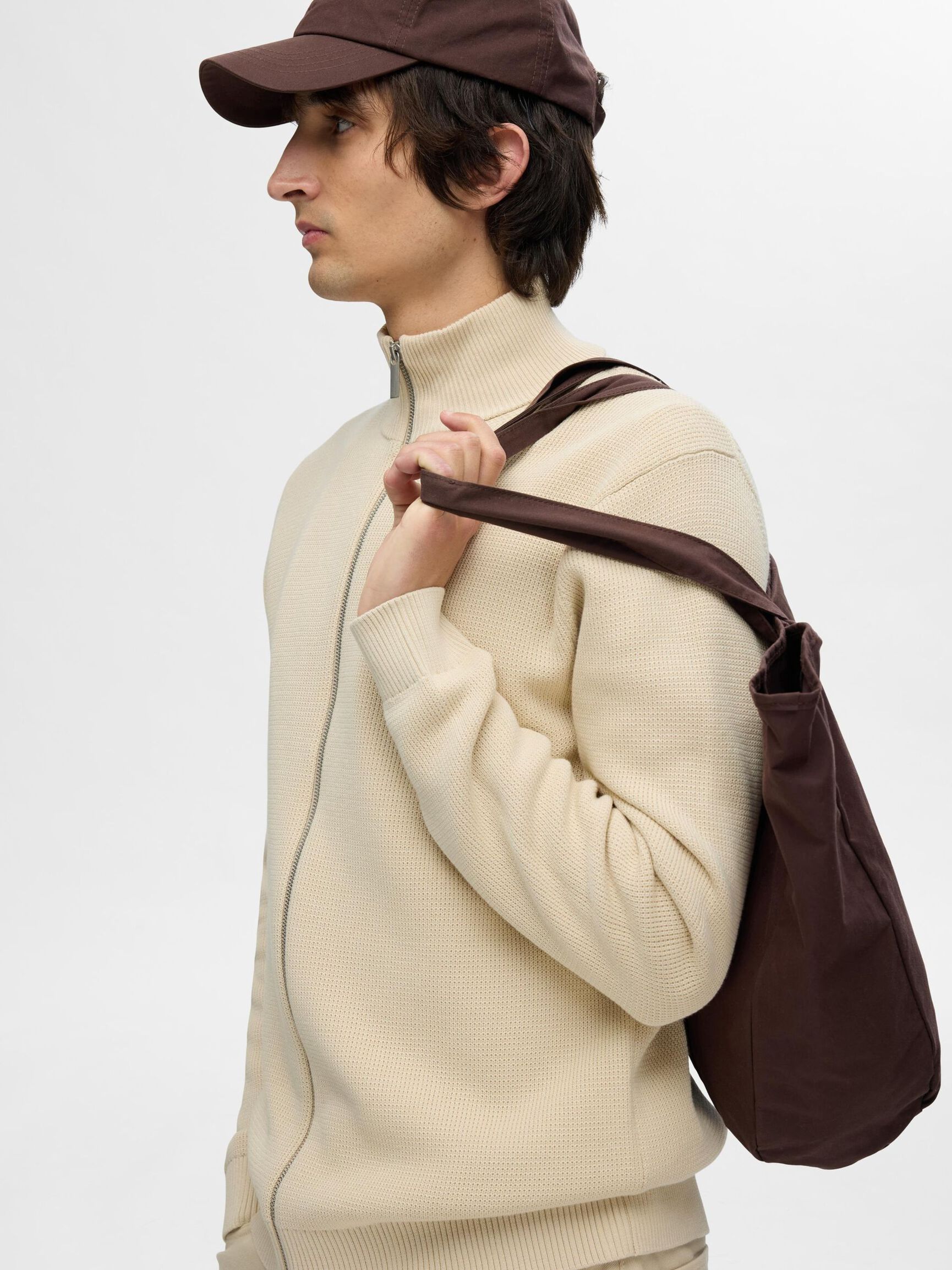 ZIPPED HIGH NECK KNITTED CARDIGAN, Oatmeal, highres