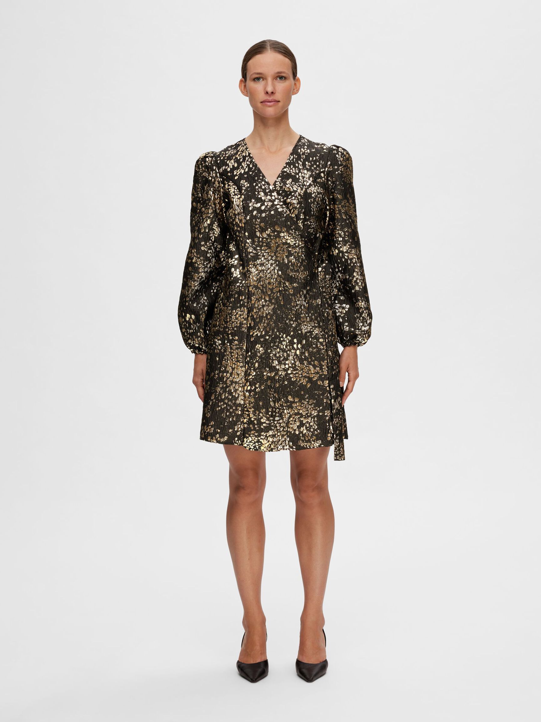 METALLIC JACQUARD MINI DRESS, Gold Colour, highres