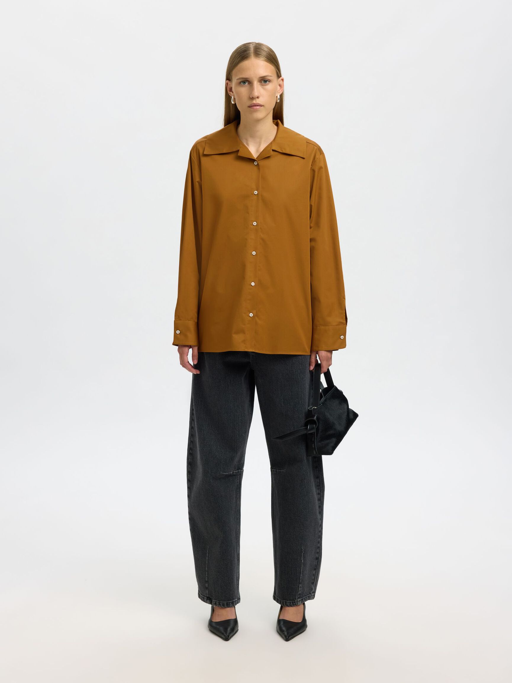 COTTON LONG SLEEVED SHIRT, Golden Brown, highres