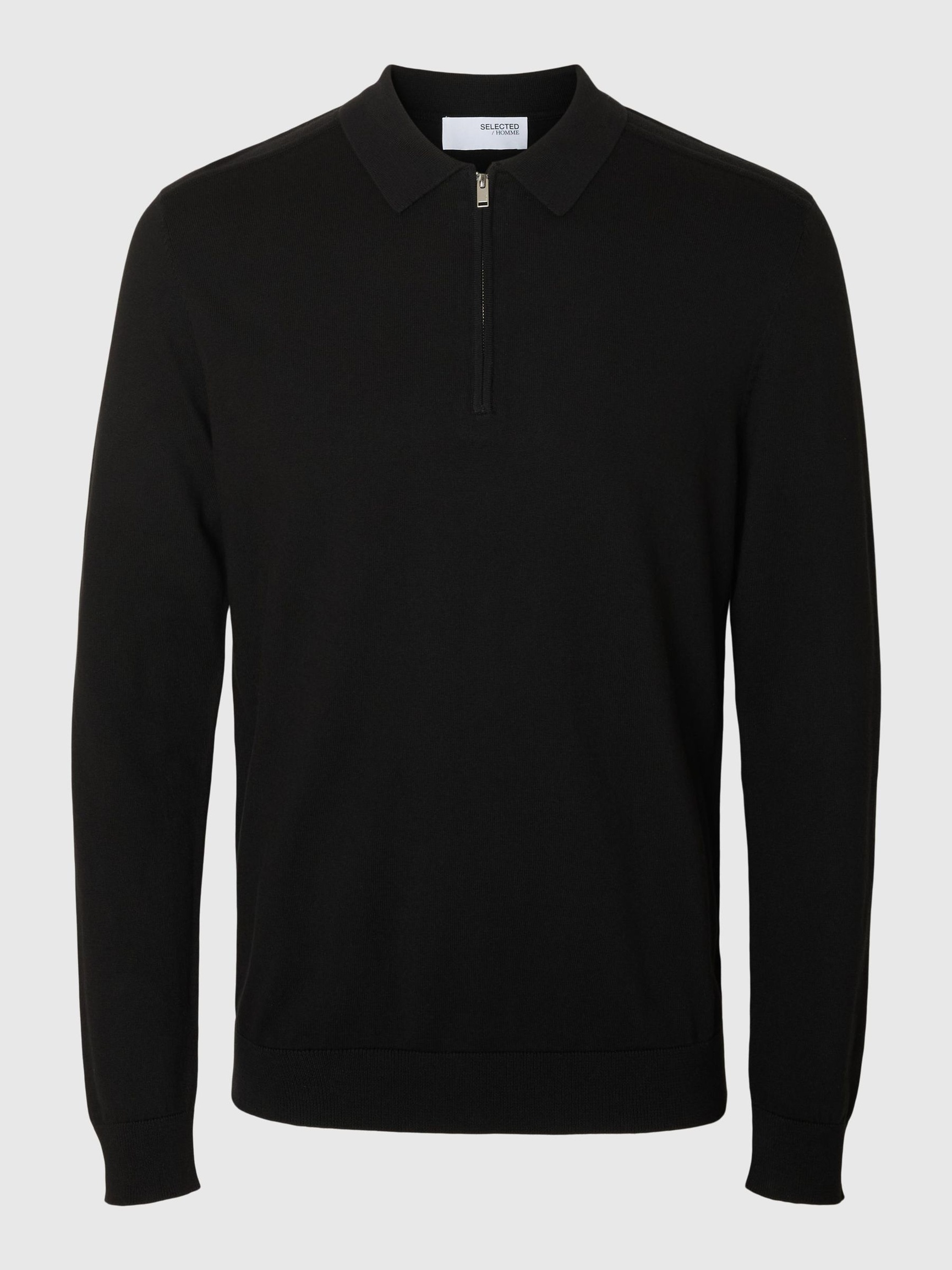 KNITTED LONG-SLEEVED POLO, Black, highres