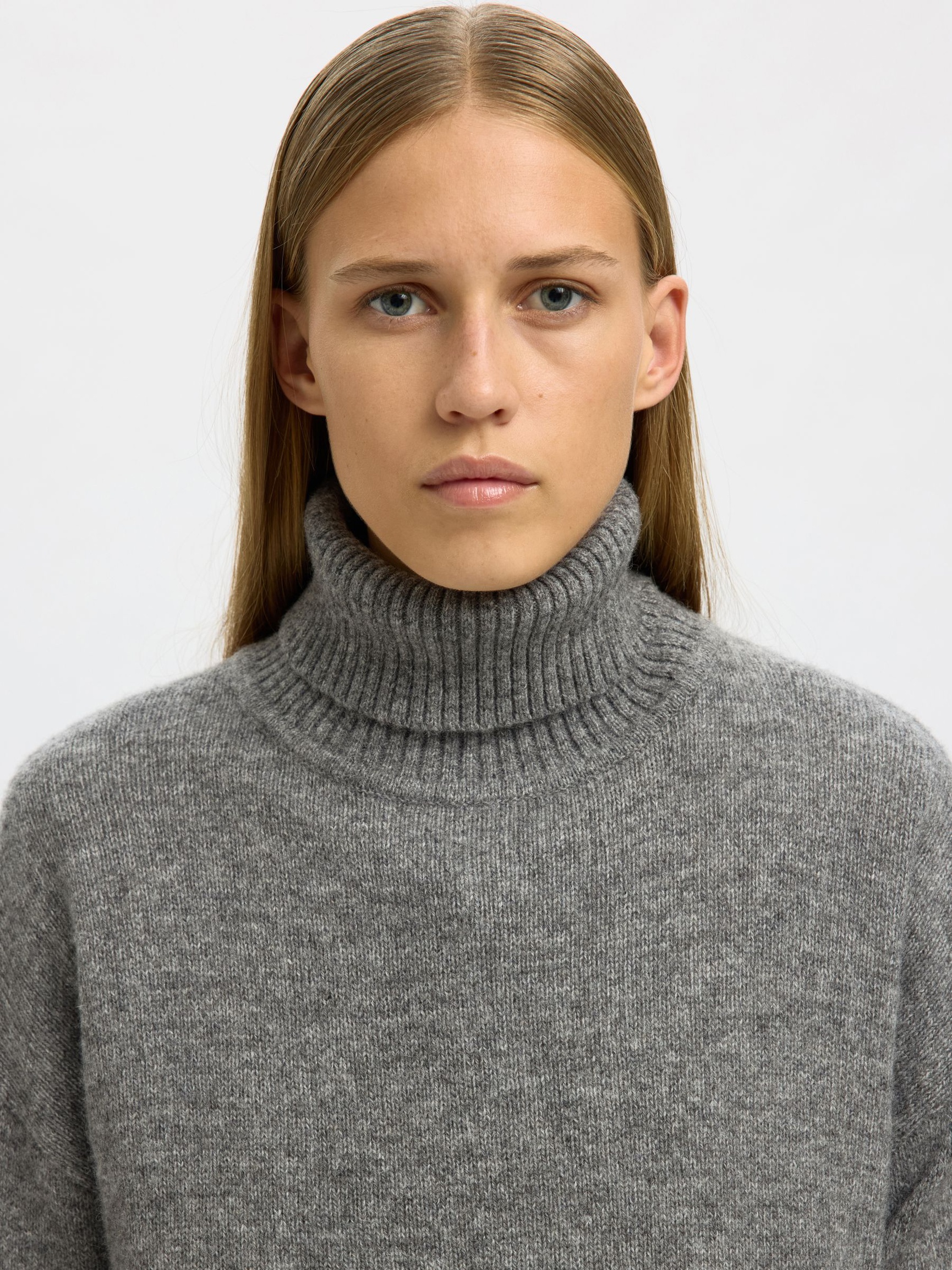 WOOL BLEND ROLL NECK JUMPER, Medium Grey Melange, highres