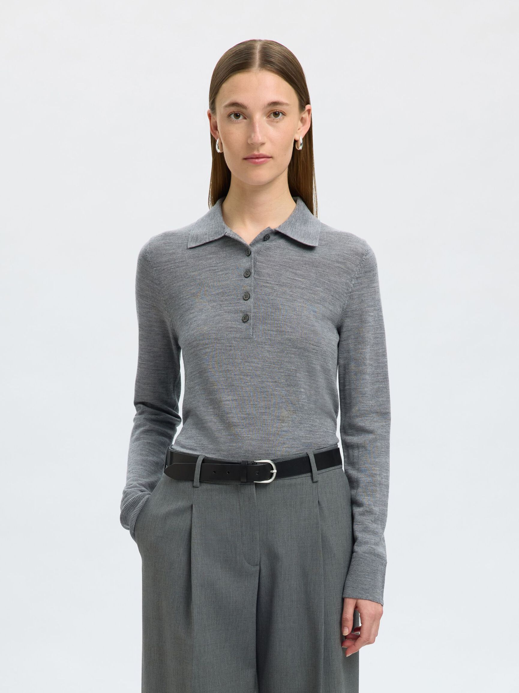 100% MERINOULD STRIKKET POLOSHIRT, Medium Grey Melange, highres