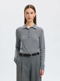 100% MERINOULD STRIKKET POLOSHIRT, Medium Grey Melange, highres