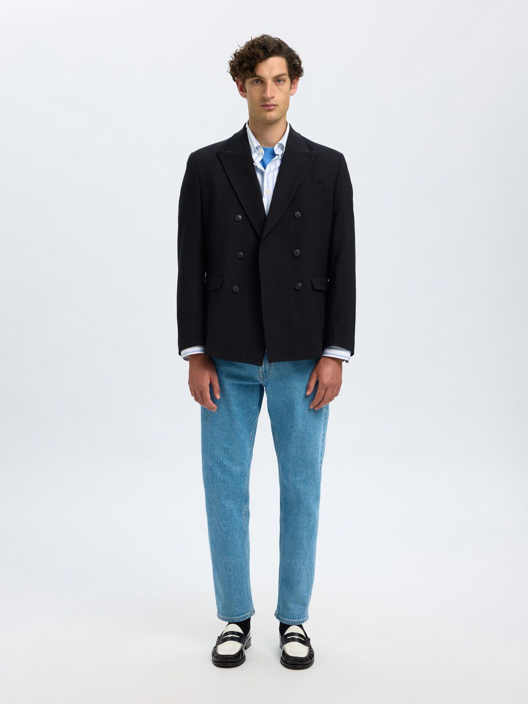 WOOL DOUBLE-BREASTED BLAZER, Dark Navy, highres