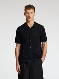 KURZARM POLOHEMD AUS STRICK, Black, highres