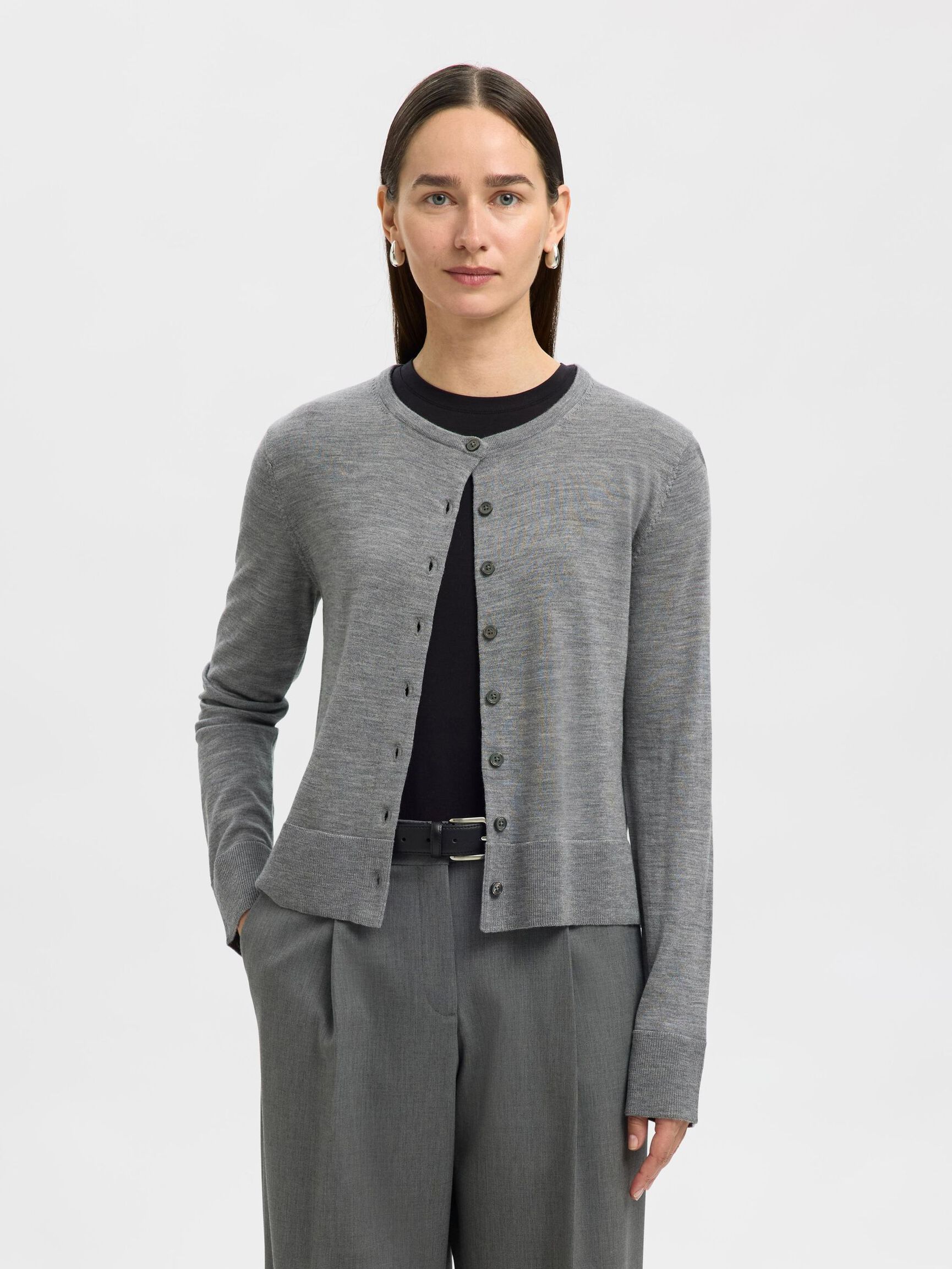 100% MERINOULD STRIKKET CARDIGAN, Medium Grey Melange, highres