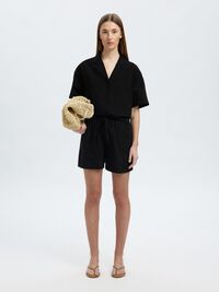 LINNENMIX OVERHEMD MET KORTE MOUWEN, Black, highres