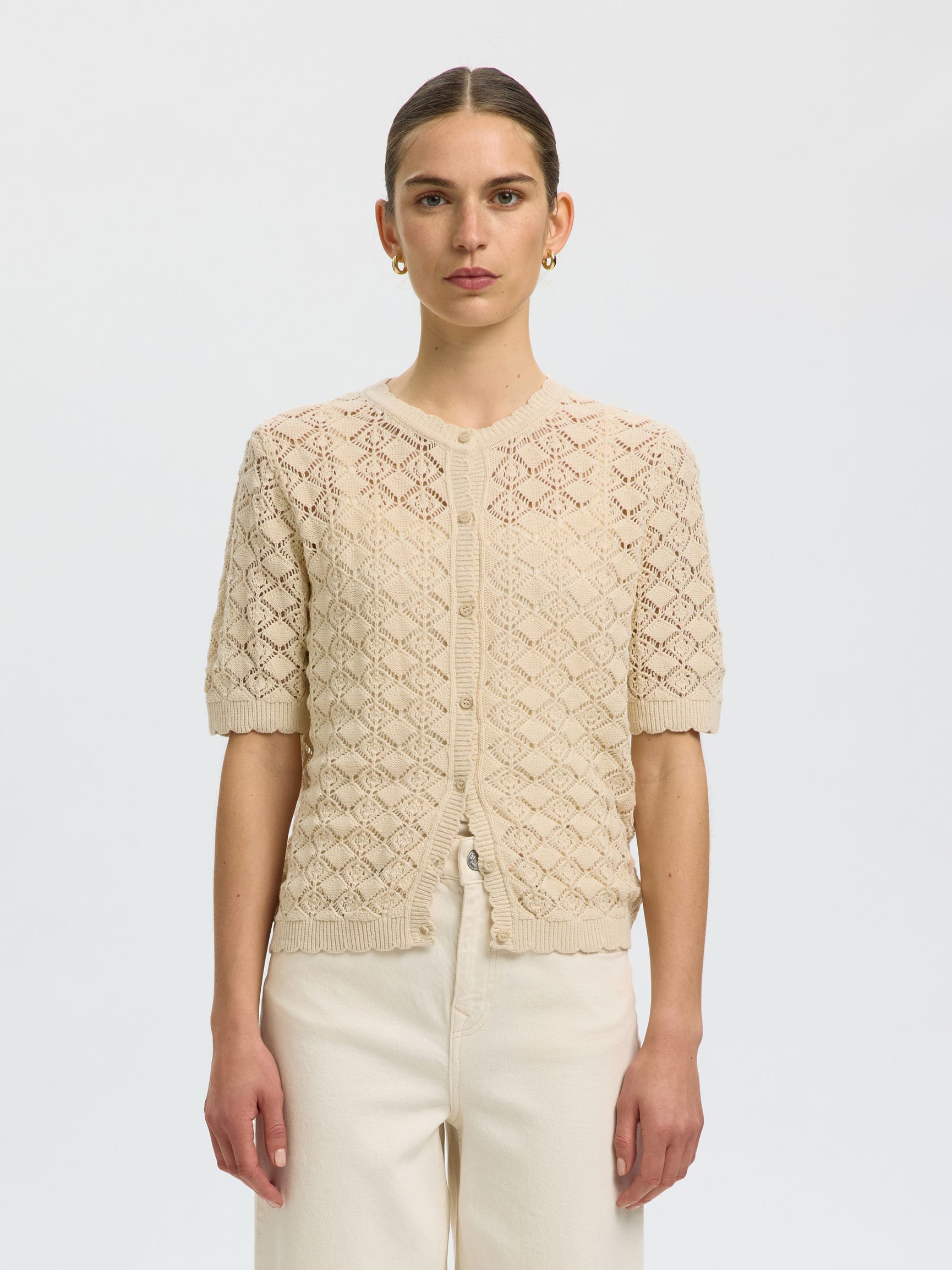 SHORT SLEEVED KNITTED CARDIGAN, Birch, highres