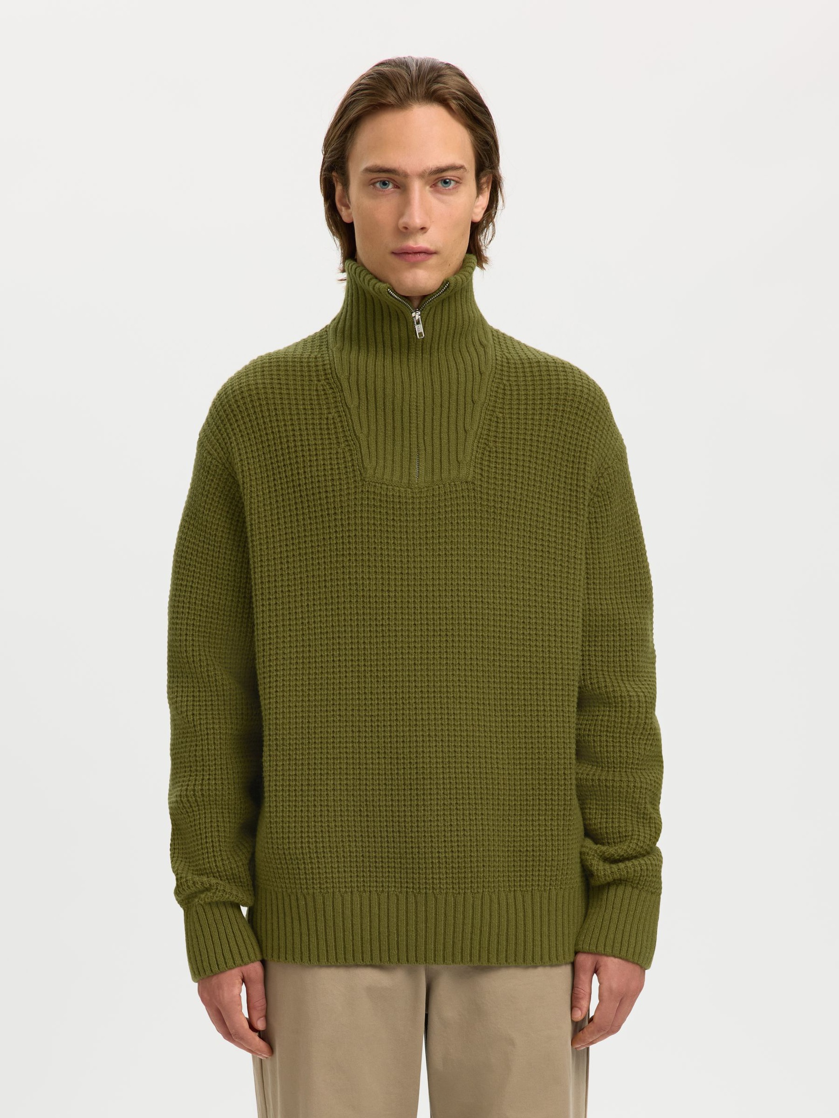 COTTON BLEND HALF-ZIP JUMPER, Avocado, highres