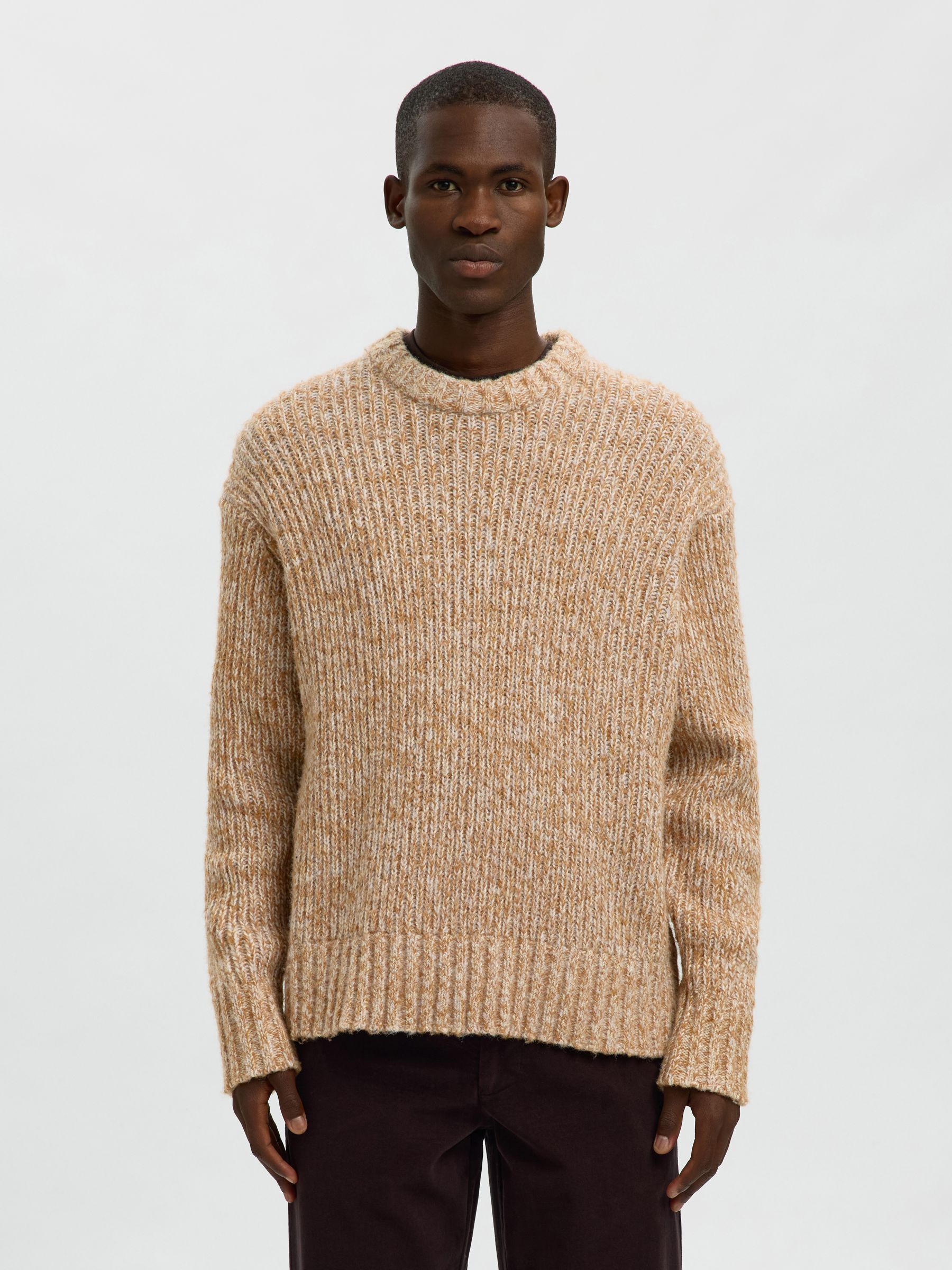 WOLLMIX PULLOVER MIT RUNDHALSAUSSCHNITT, Golden Brown, highres