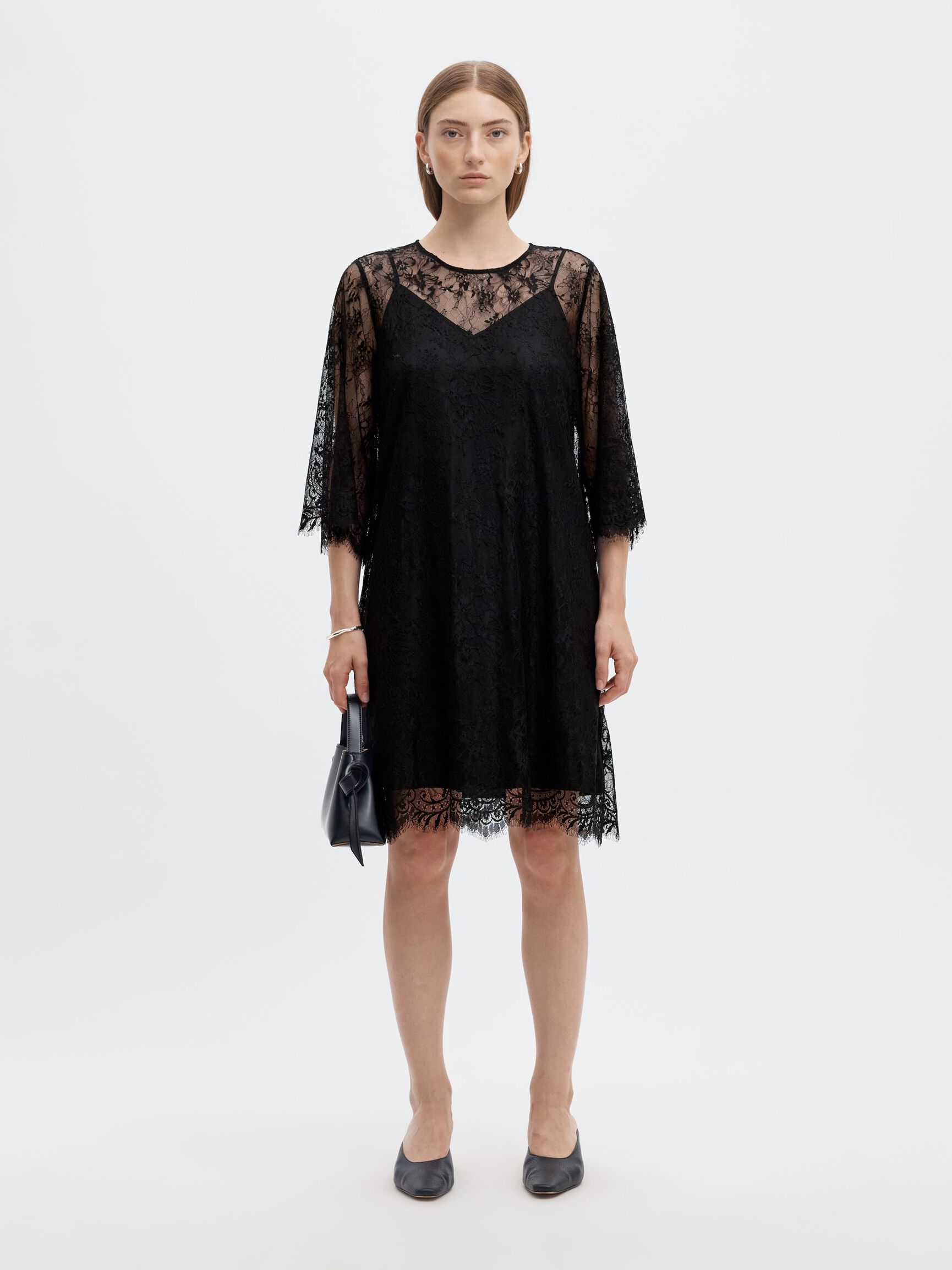LACE MIDI DRESS, Black, highres