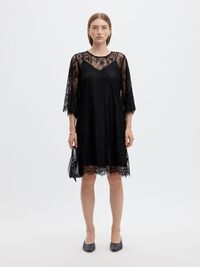 LACE MIDI DRESS, Black, highres