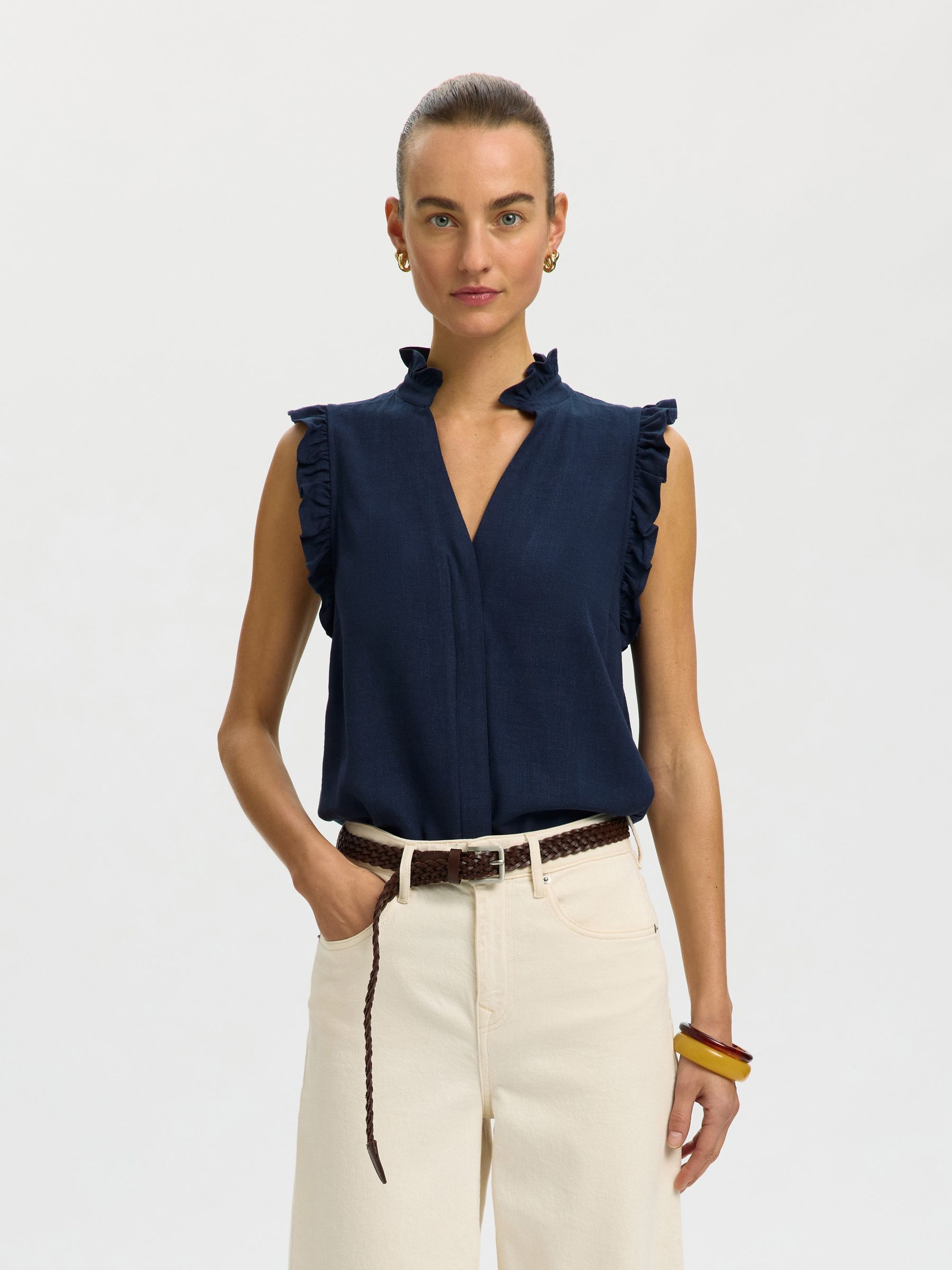 SLEEVELESS RUFFLE DETAIL TOP, Dark Sapphire, highres