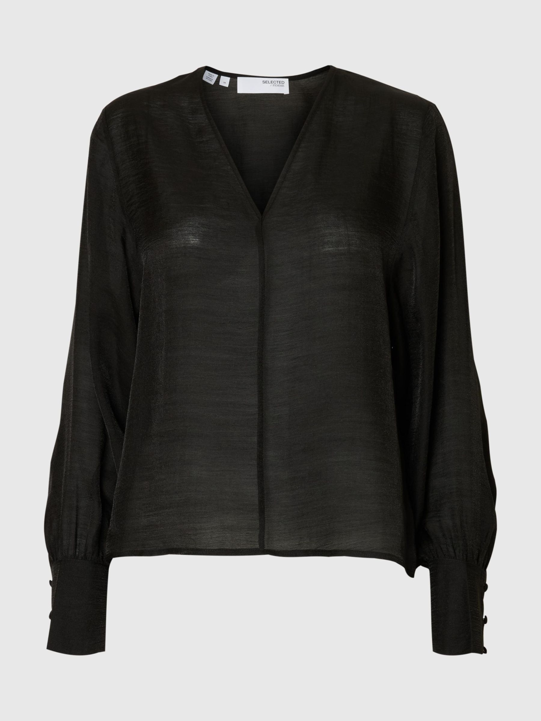 V-HALS BLOUSE MET LANGE MOUWEN, Black, highres