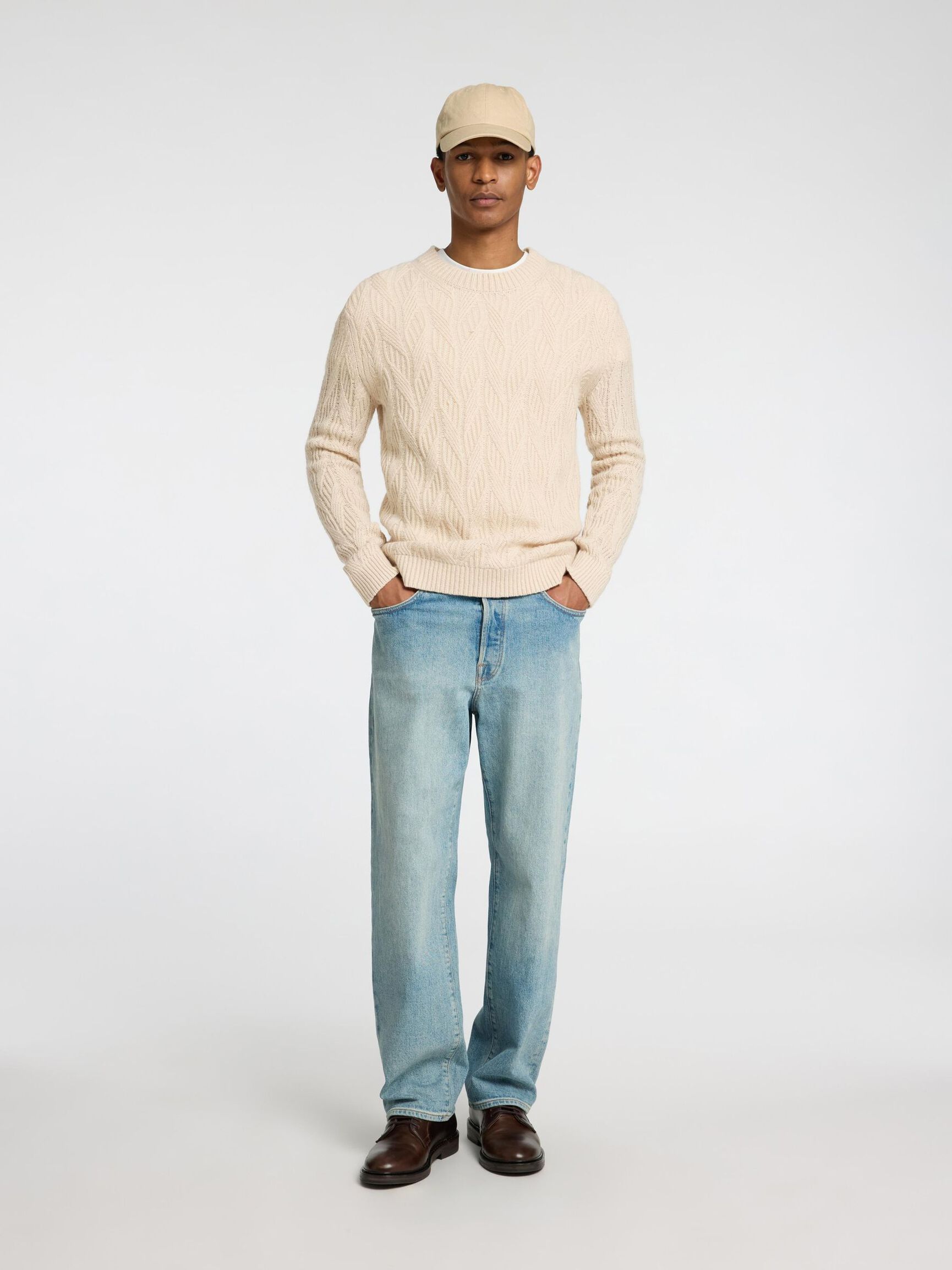 WOOL BLEND CABLE KNITTED PULLOVER, Oatmeal, highres
