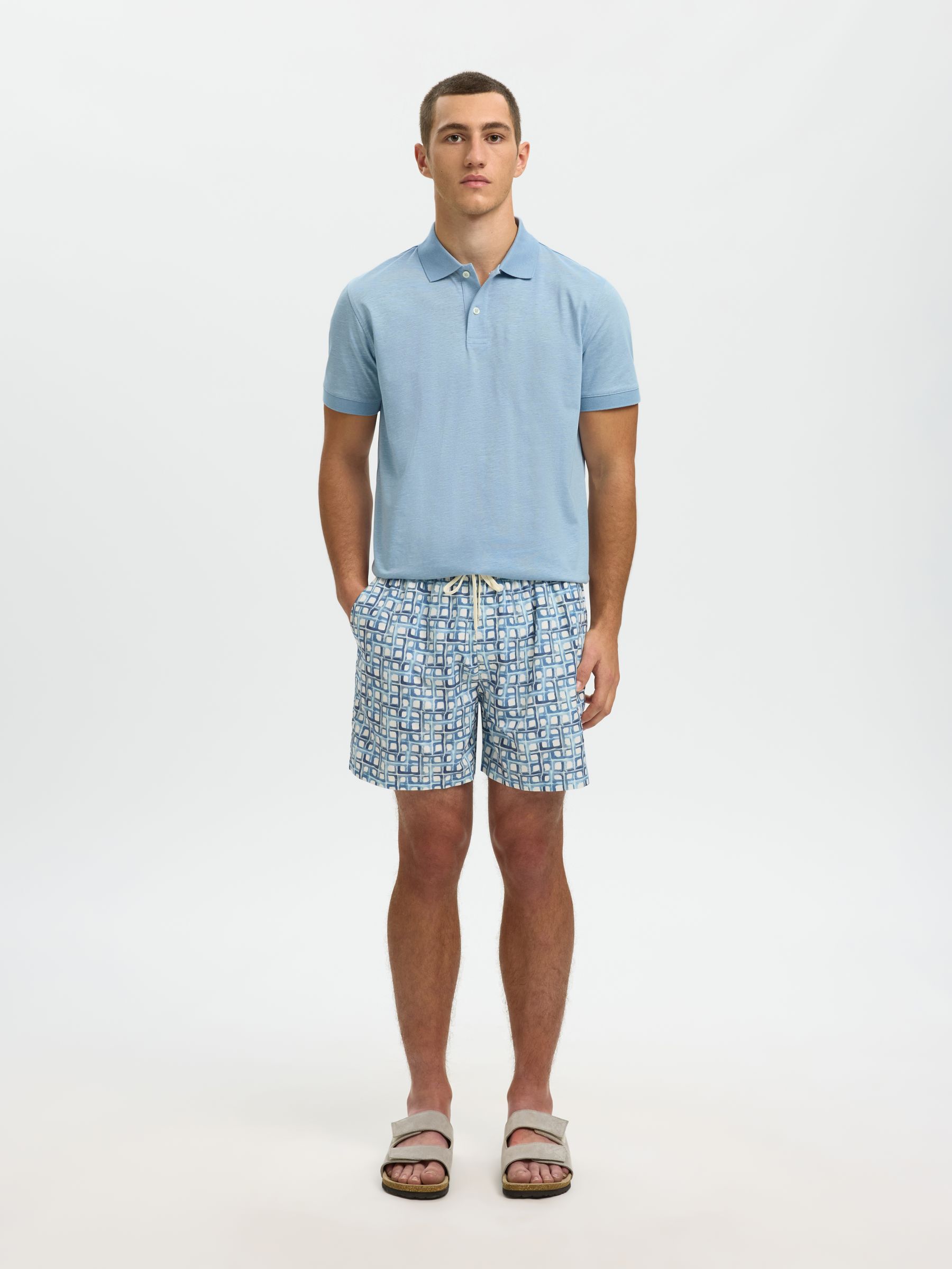 LINEN BLEND POLO SHIRT, Dusty Blue, highres