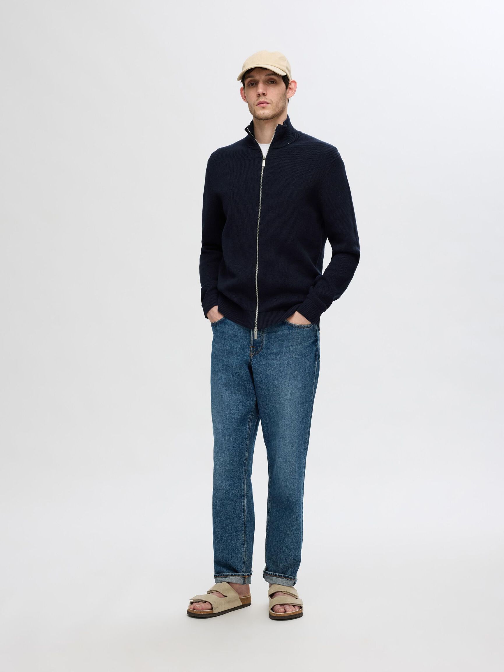 ZIPPED HIGH NECK KNITTED CARDIGAN, Sky Captain, highres