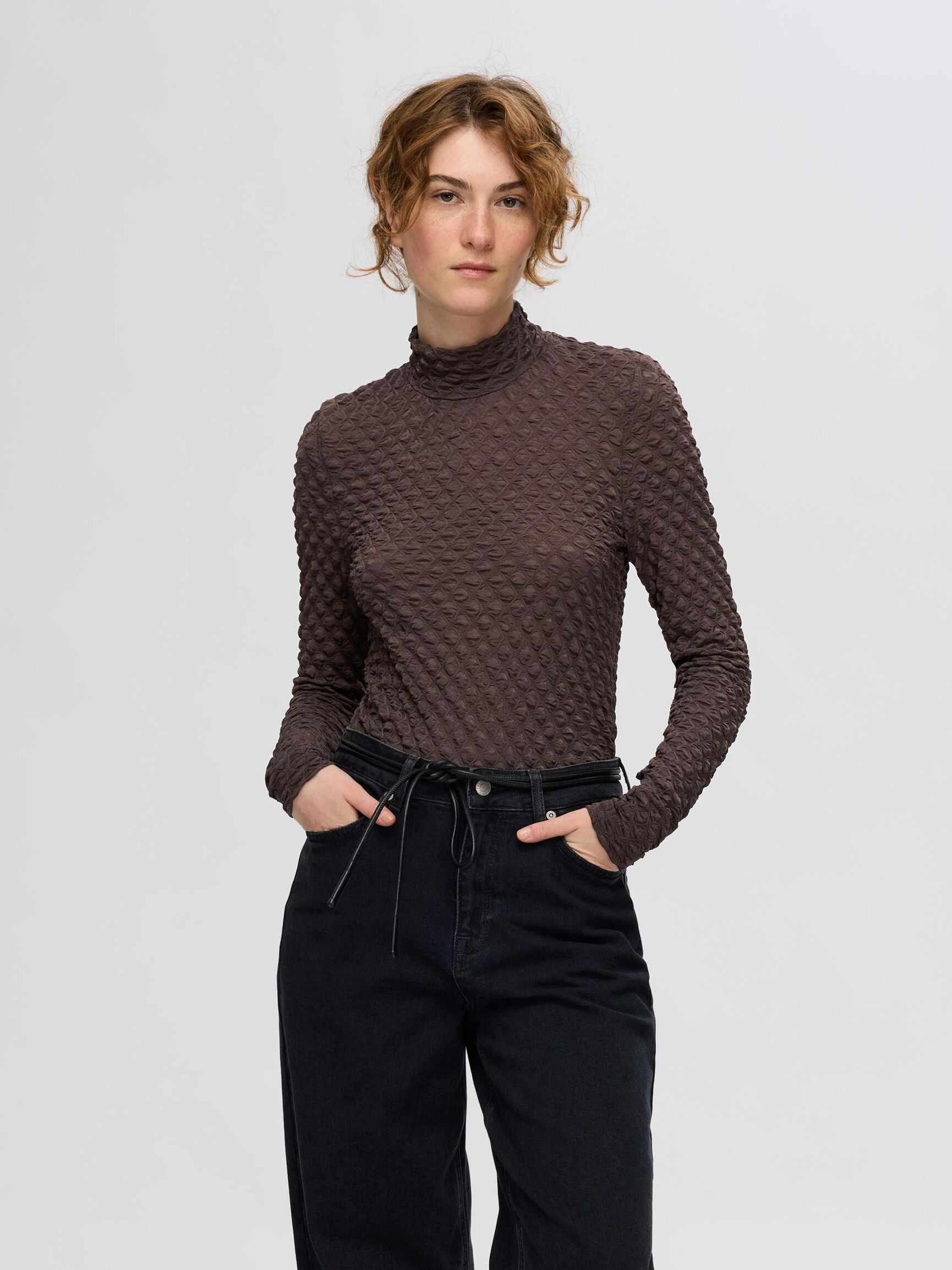 TEXTURED LONG SLEEVED TOP, Tobacco Brown, highres