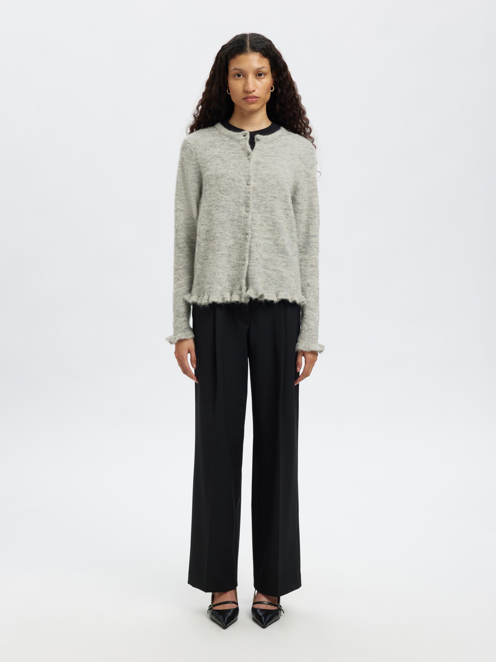 WOOL BLEND KNITTED CARDIGAN, Light Grey Melange, highres