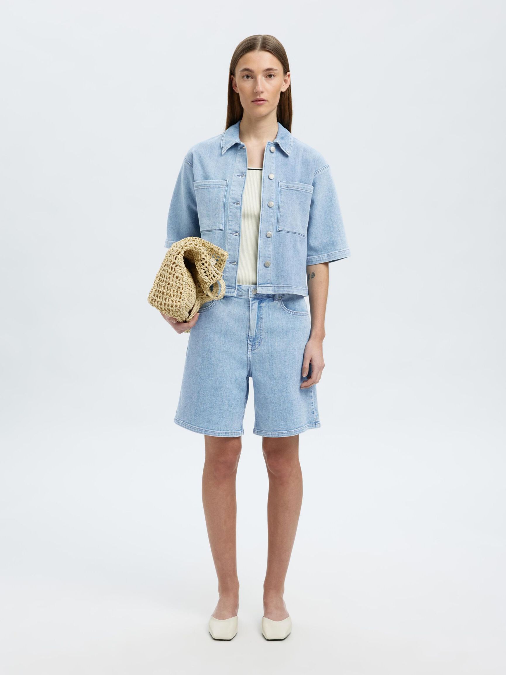 HIGH WAISTED DENIM SHORTS, Light Blue Denim, highres