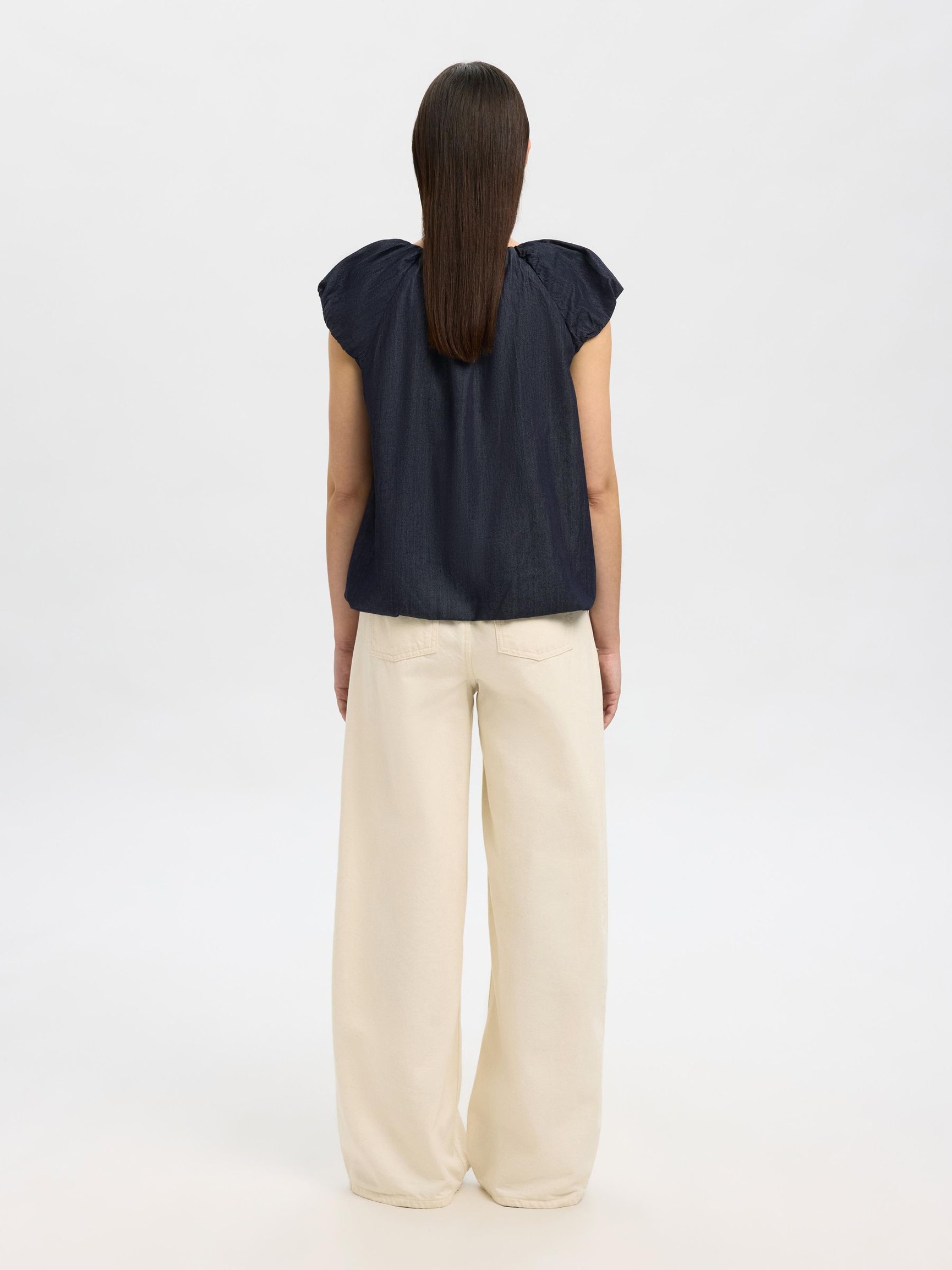 DENIM TOP MED PUFÆRMER, Dark Blue Denim, highres