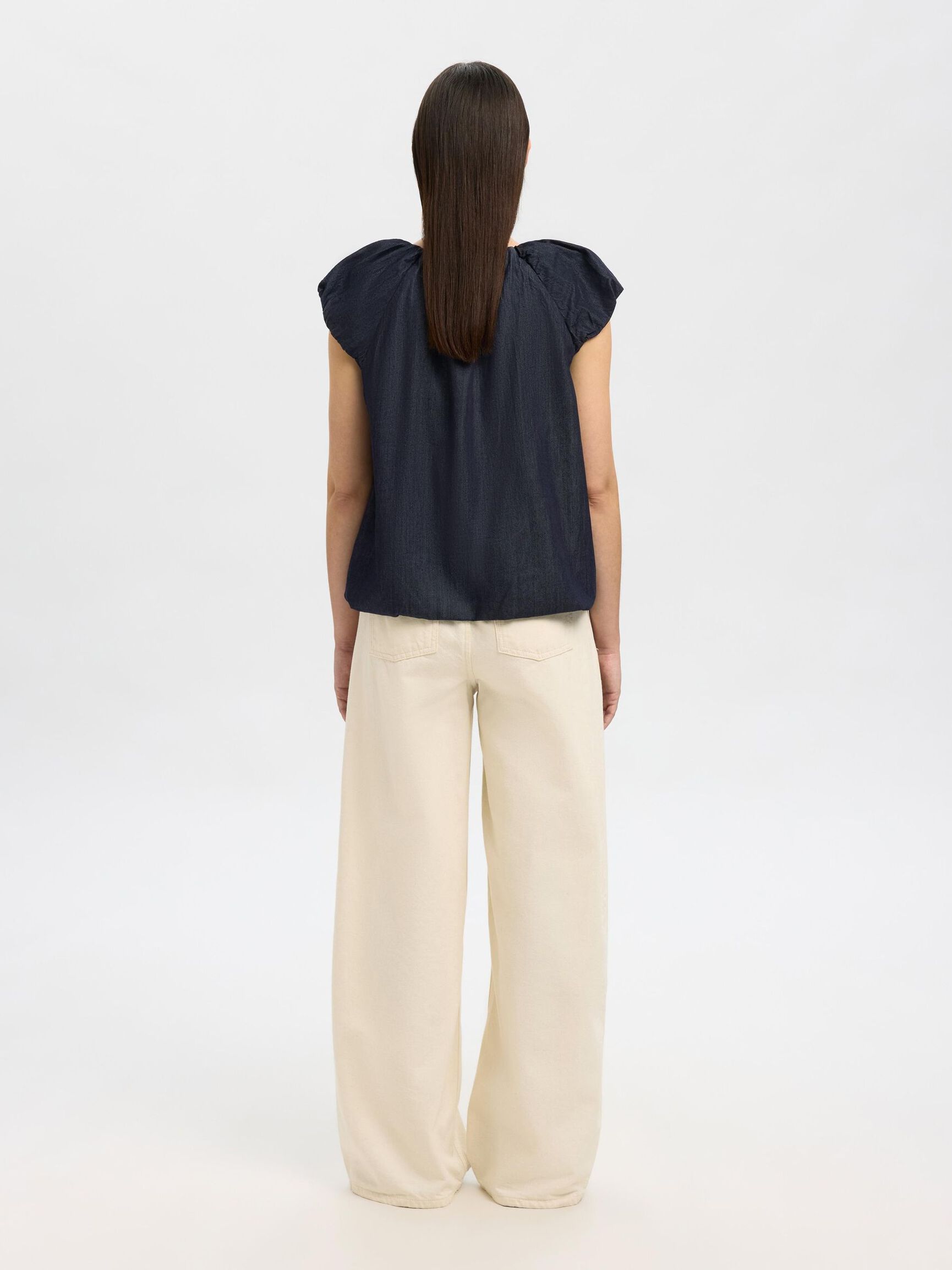 DENIM OBERTEIL MIT PUFFÄRMELN, Dark Blue Denim, highres
