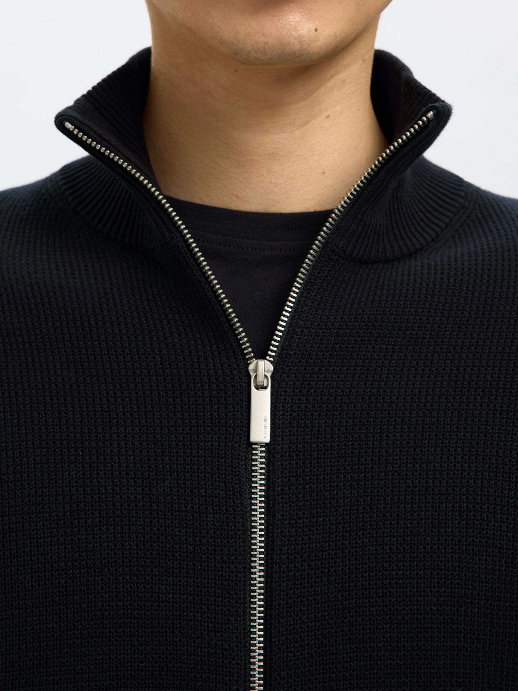 ZIPPED HIGH NECK KNITTED CARDIGAN, Black, highres