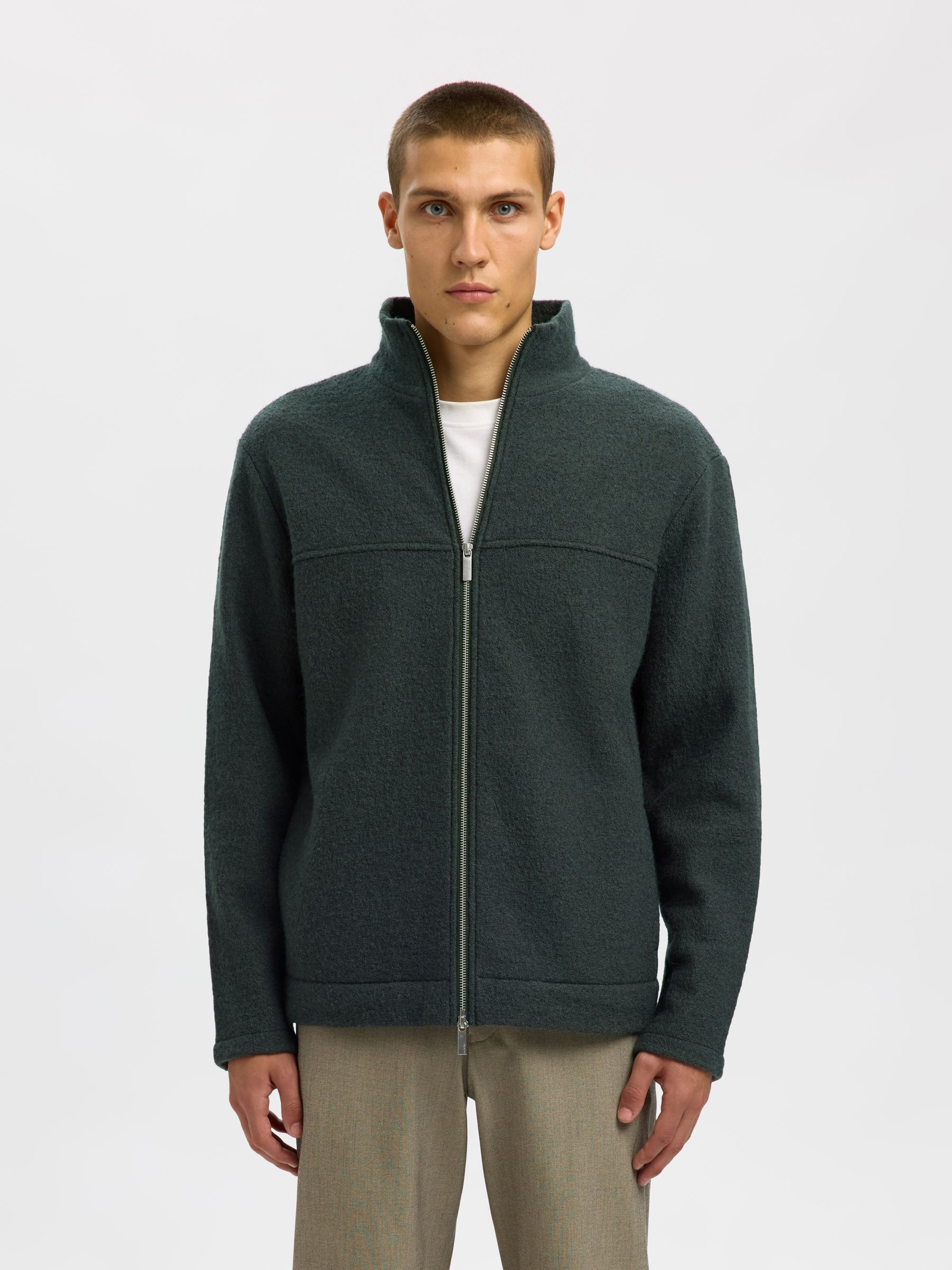 100% WOOL ZIP-FRONT CARDIGAN | Green | Selected